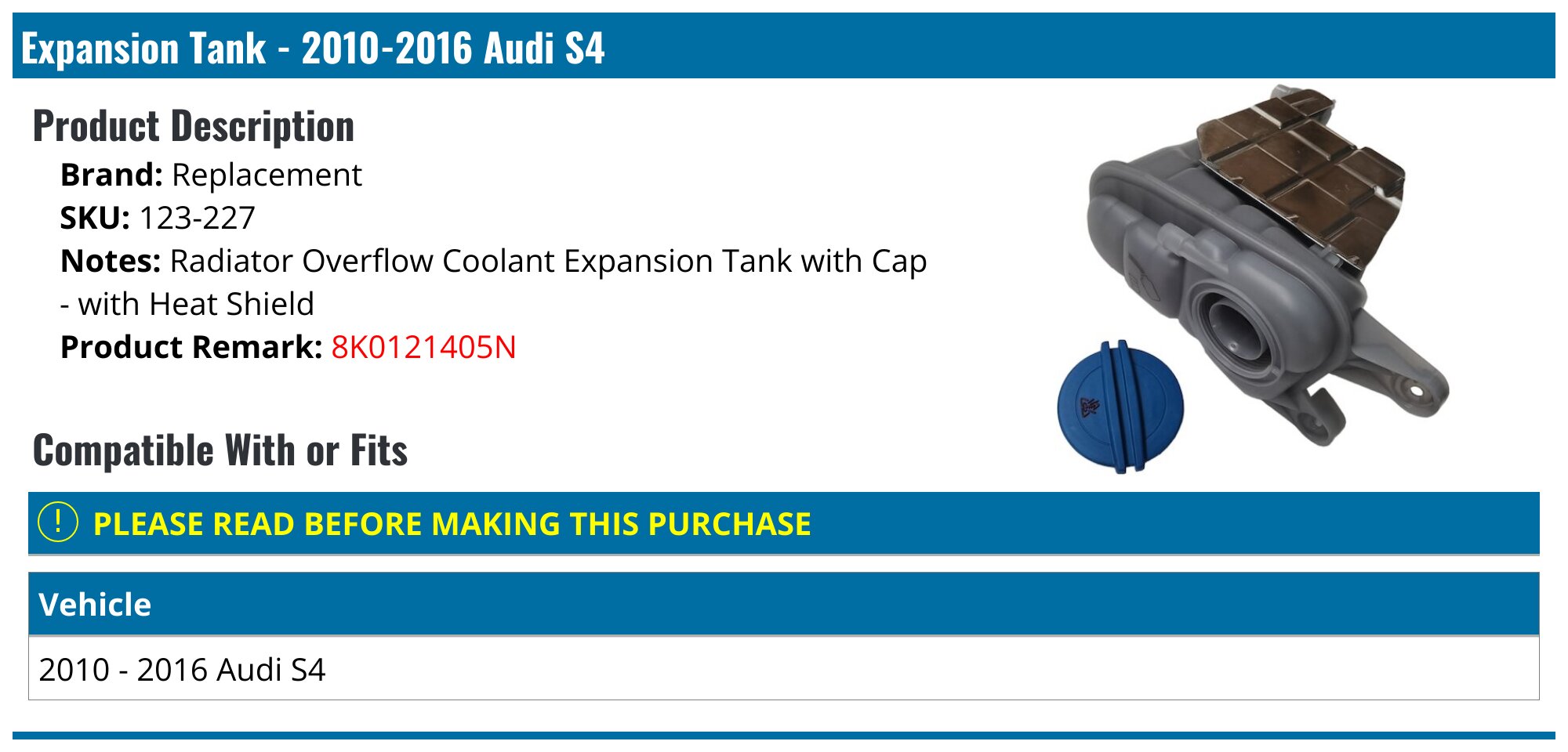 Coolant Expansion Tank With Level Sensor For Audi S4 / RS4 – OEM 8E0121403F, TOM AUTO PARTS