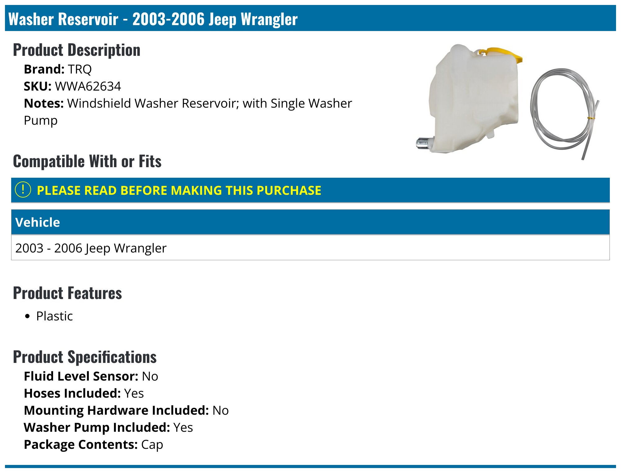 2003-2006 Jeep Wrangler Windshield Washer Tank - Autopart Premium APWSR535