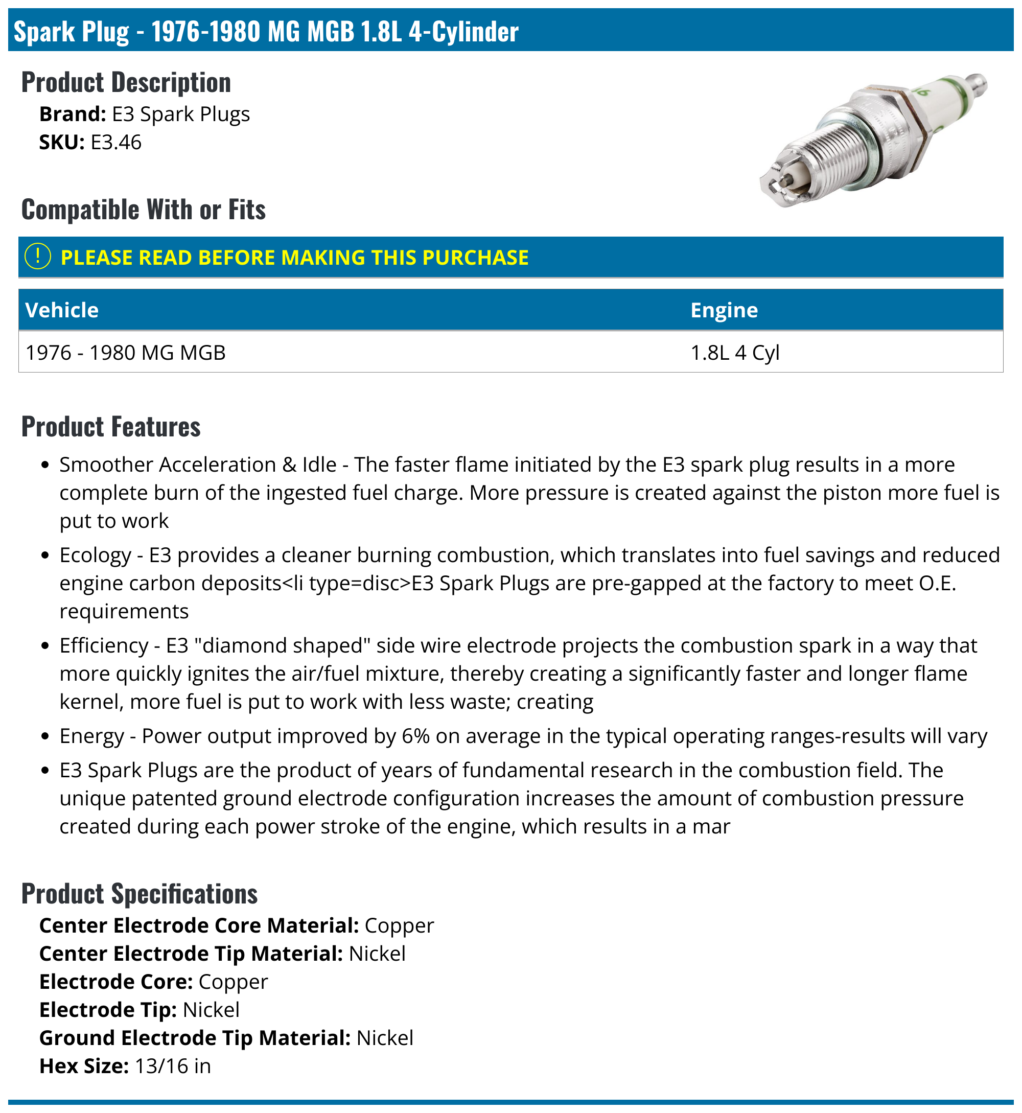 1976-1980 MG MGB Spark Plug - E3 Spark Plugs E3.46 - PartsGeek.com