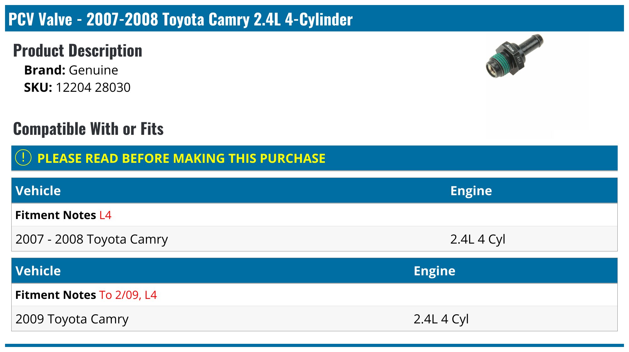 1pc New PCV Valve 12204-28030 Kit For Toyota Camry Hybrid Corolla - Foto 2