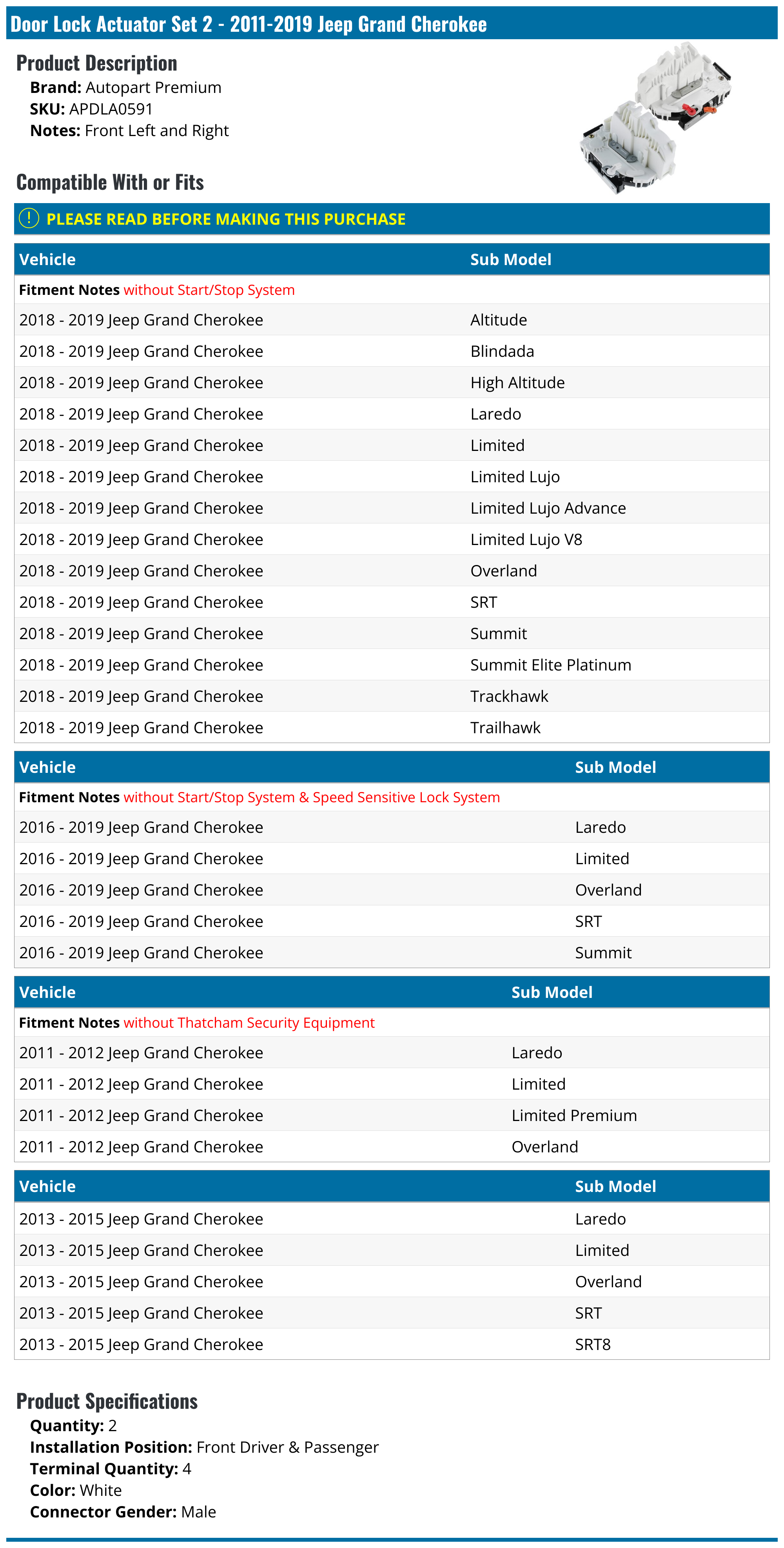 20112019 Jeep Grand Cherokee Door Lock Actuator Autopart Premium APDLA0591
