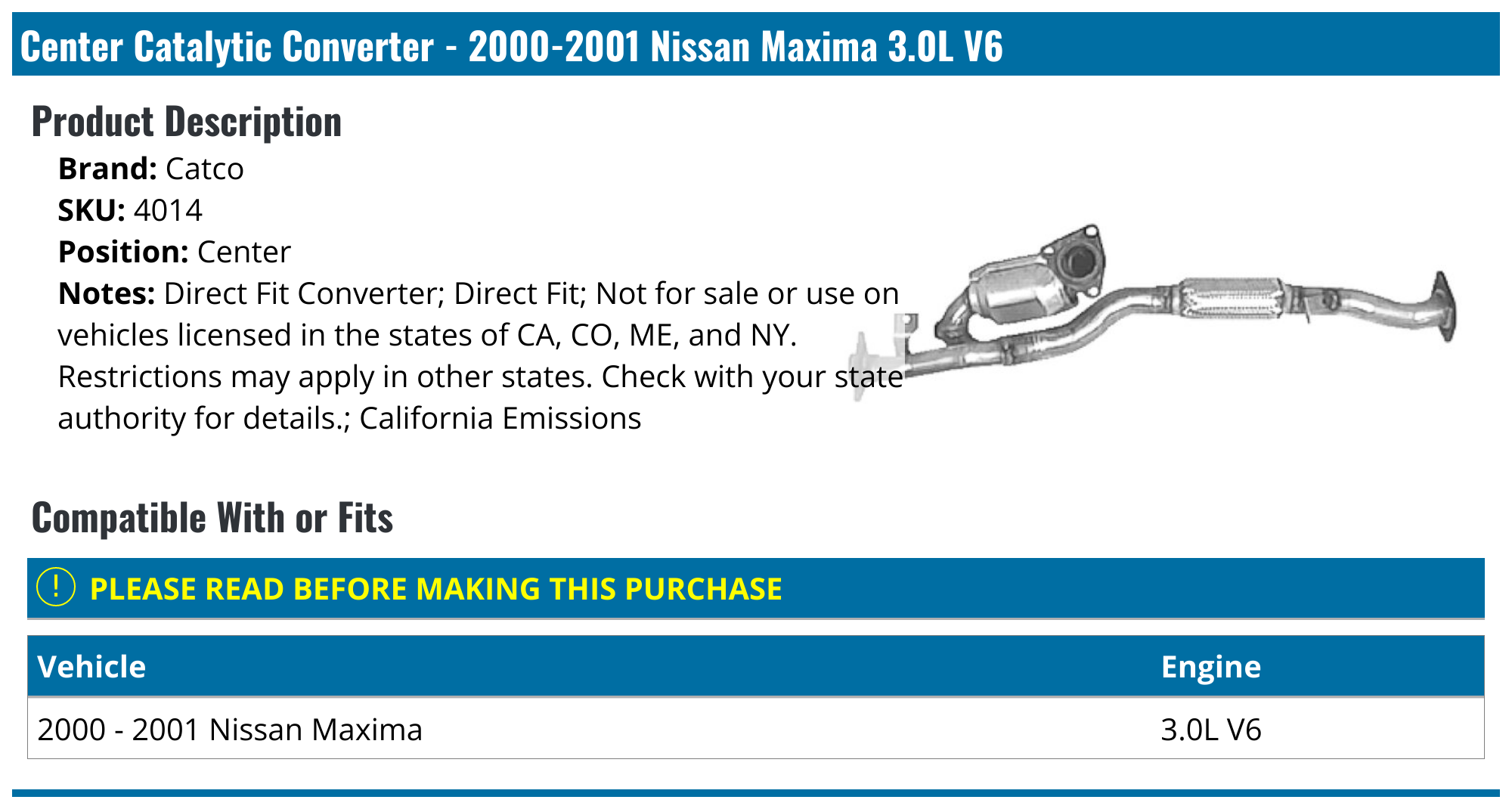 20002001 Nissan Maxima Catalytic Converter Catco 4014 Center