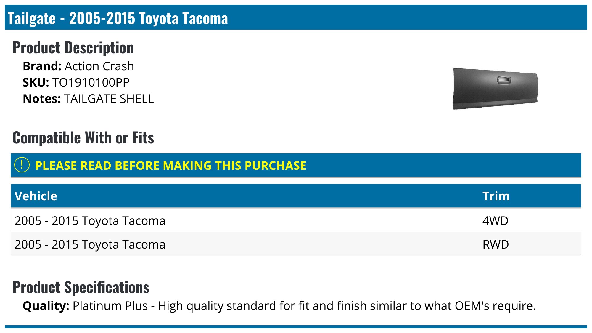 Primed Steel Rear Tailgate Shell For 2016-2023 Toyota Tacoma – Direct Replacement