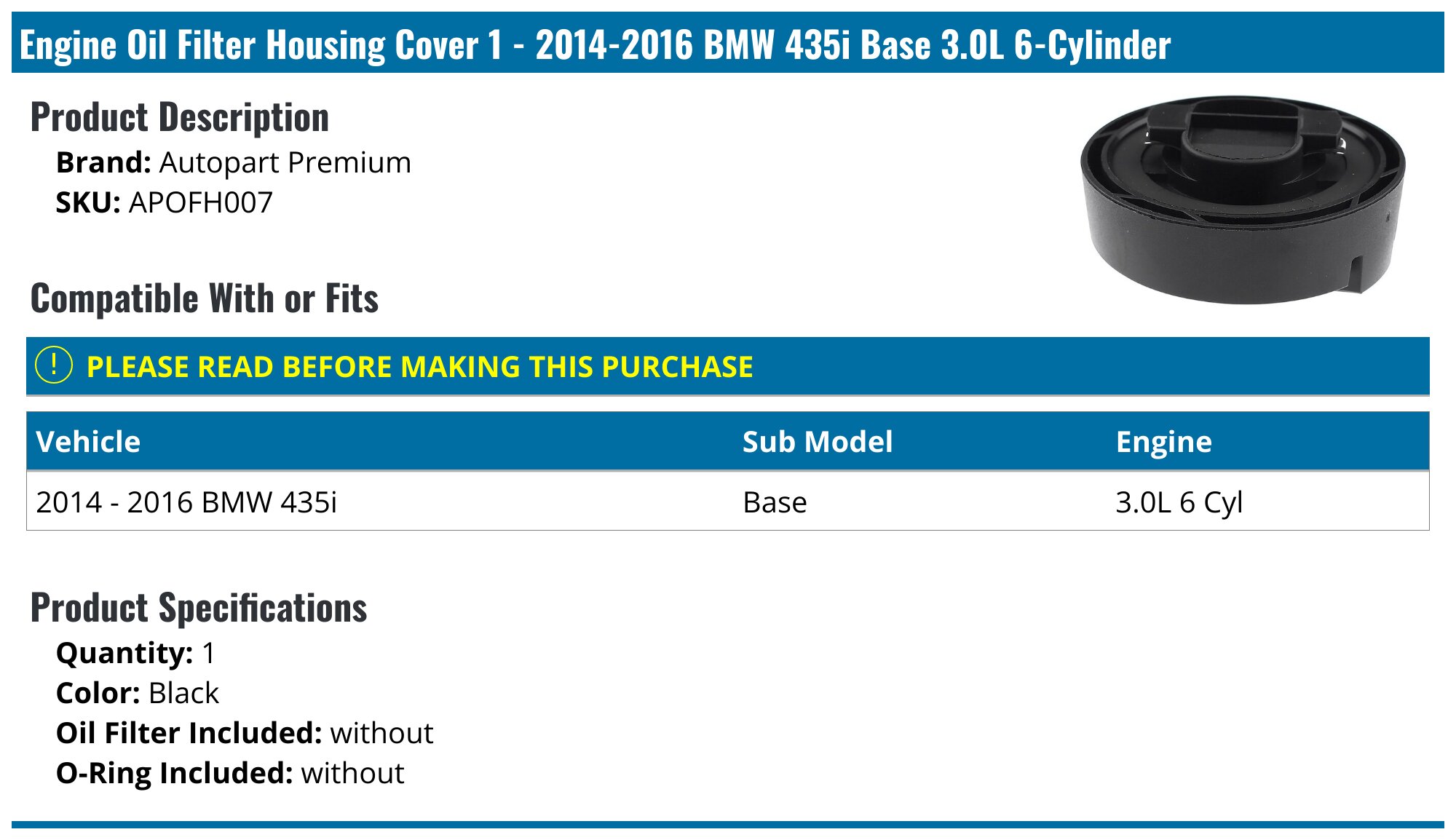 2014-2016 BMW 435i Engine Oil Filter Housing Cover - Autopart Premium ...