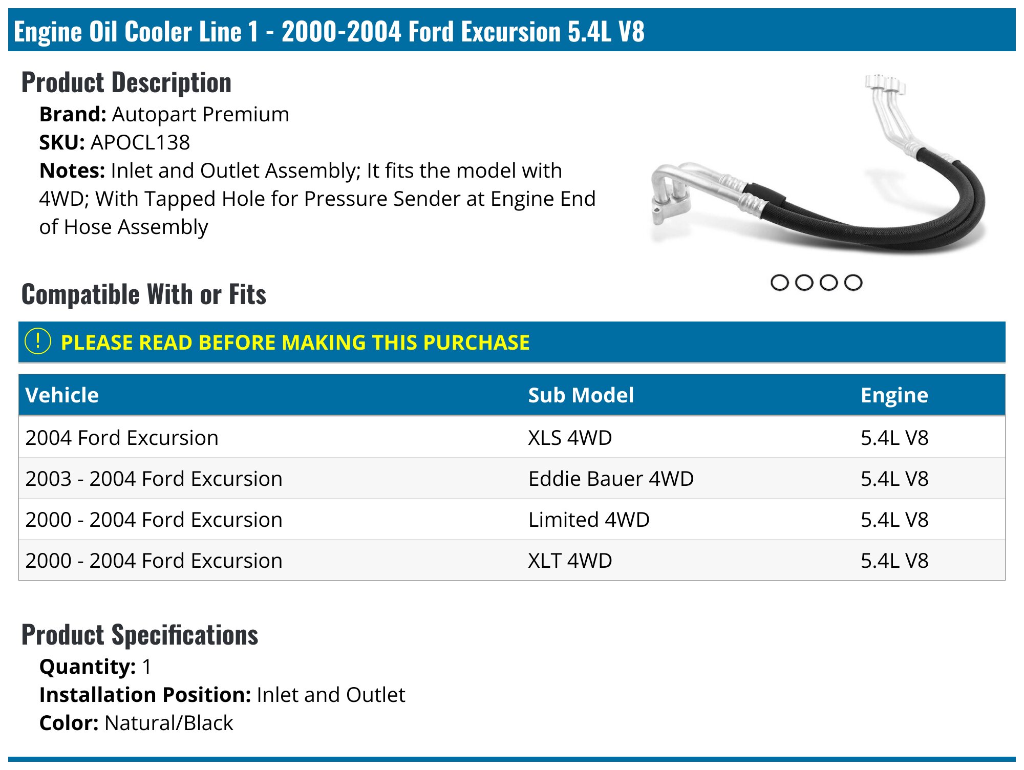 2000-2004 Ford Excursion Oil Cooler Hose - Autopart Premium APOCL138 ...