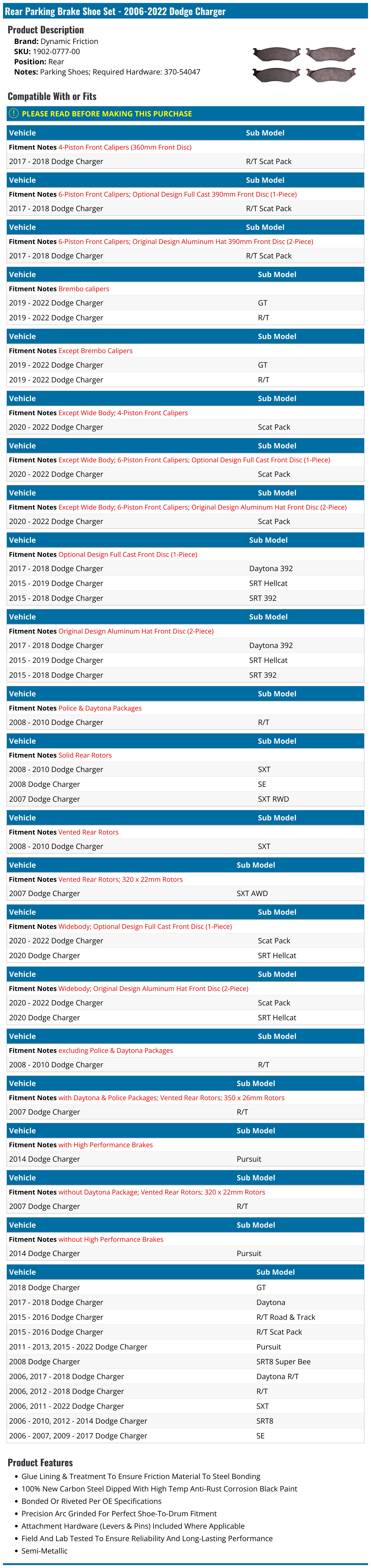 20062023 Dodge Charger Parking Brake Shoe Set Dynamic Friction 1902