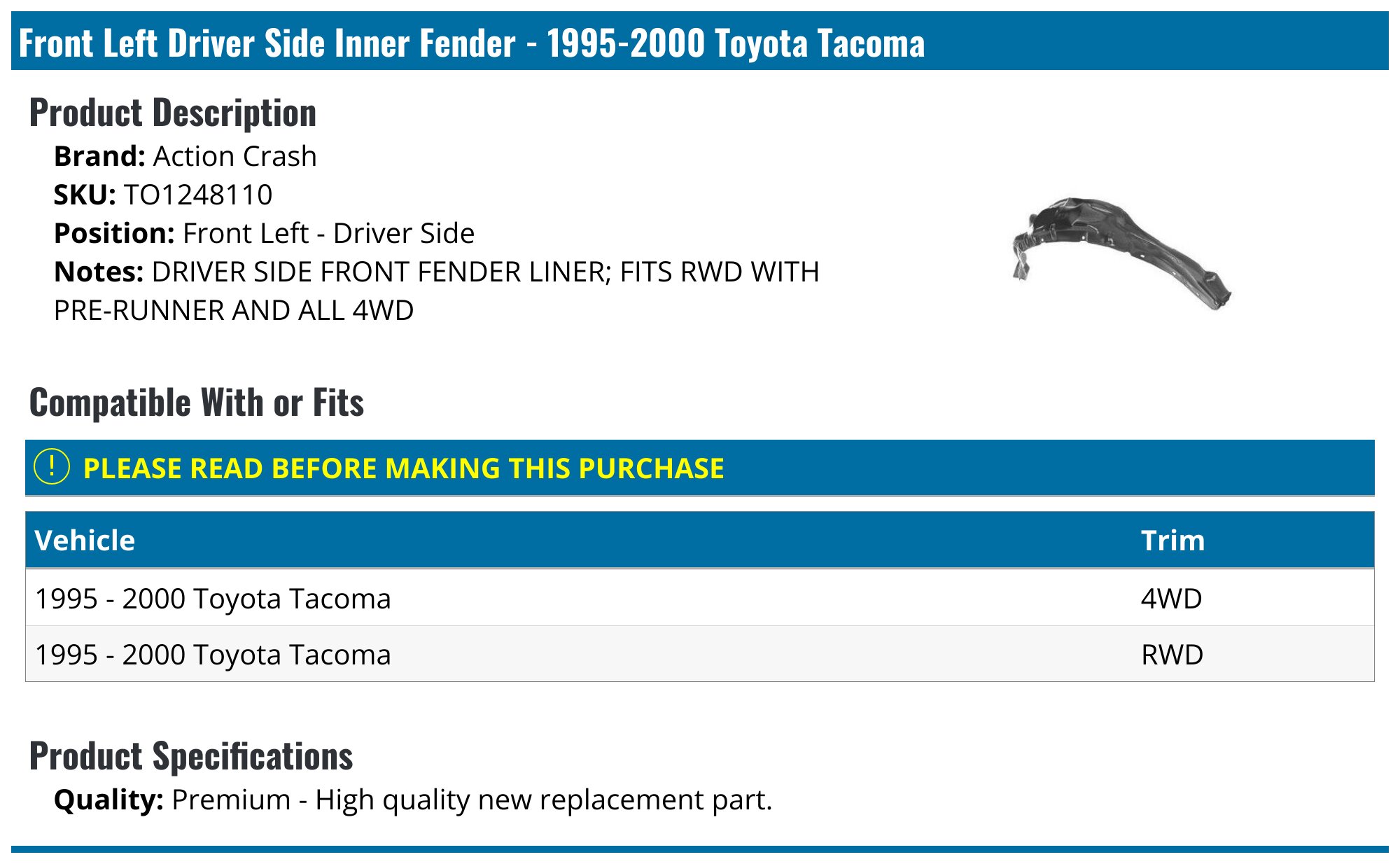 Front Right Passenger Side Fender Liner For 1995-2000 Toyota Tacoma – TO1249110 4 thumbnail image