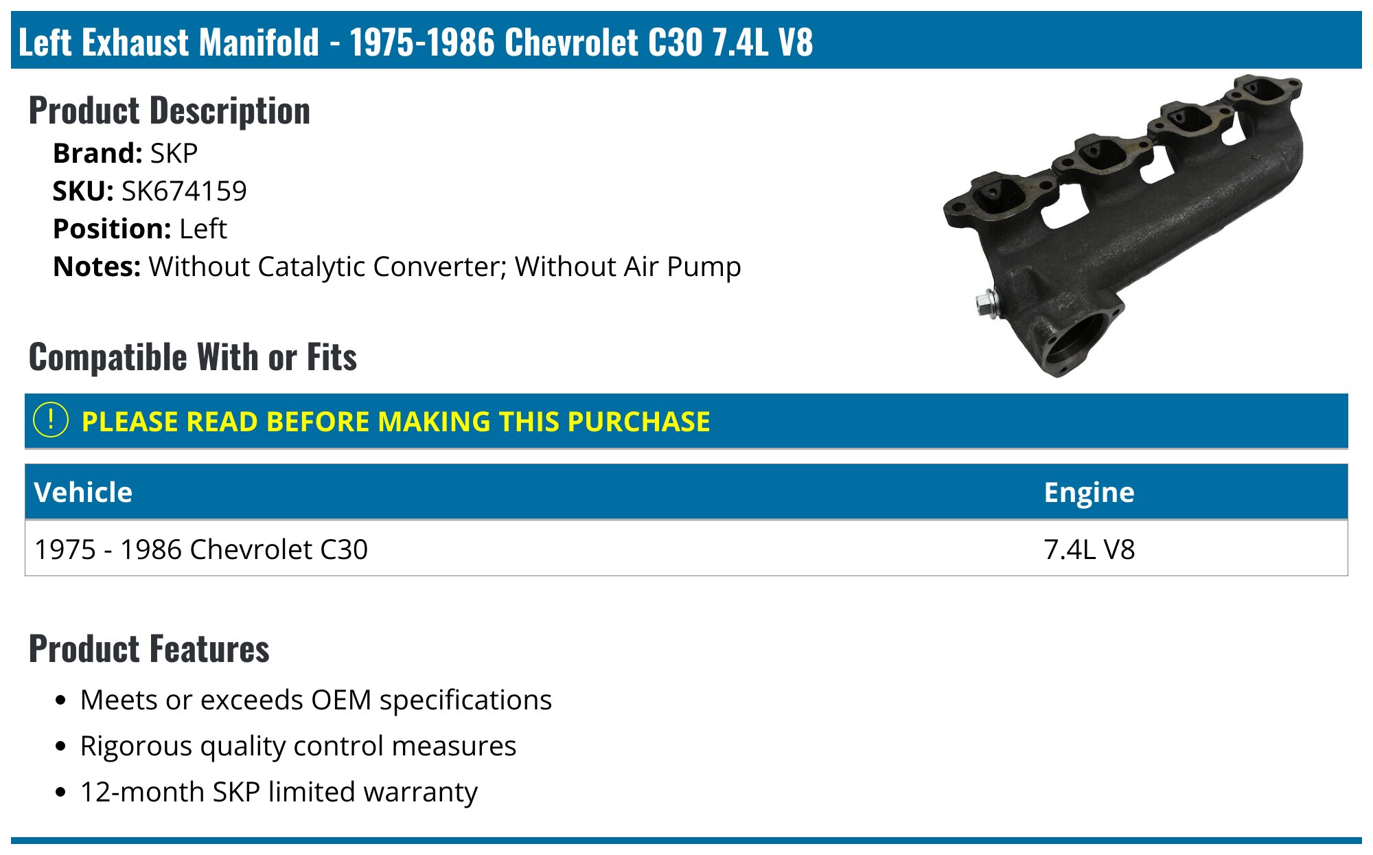 New Right Side Exhaust Manifold 7.4L (454) Chevrolet GMC