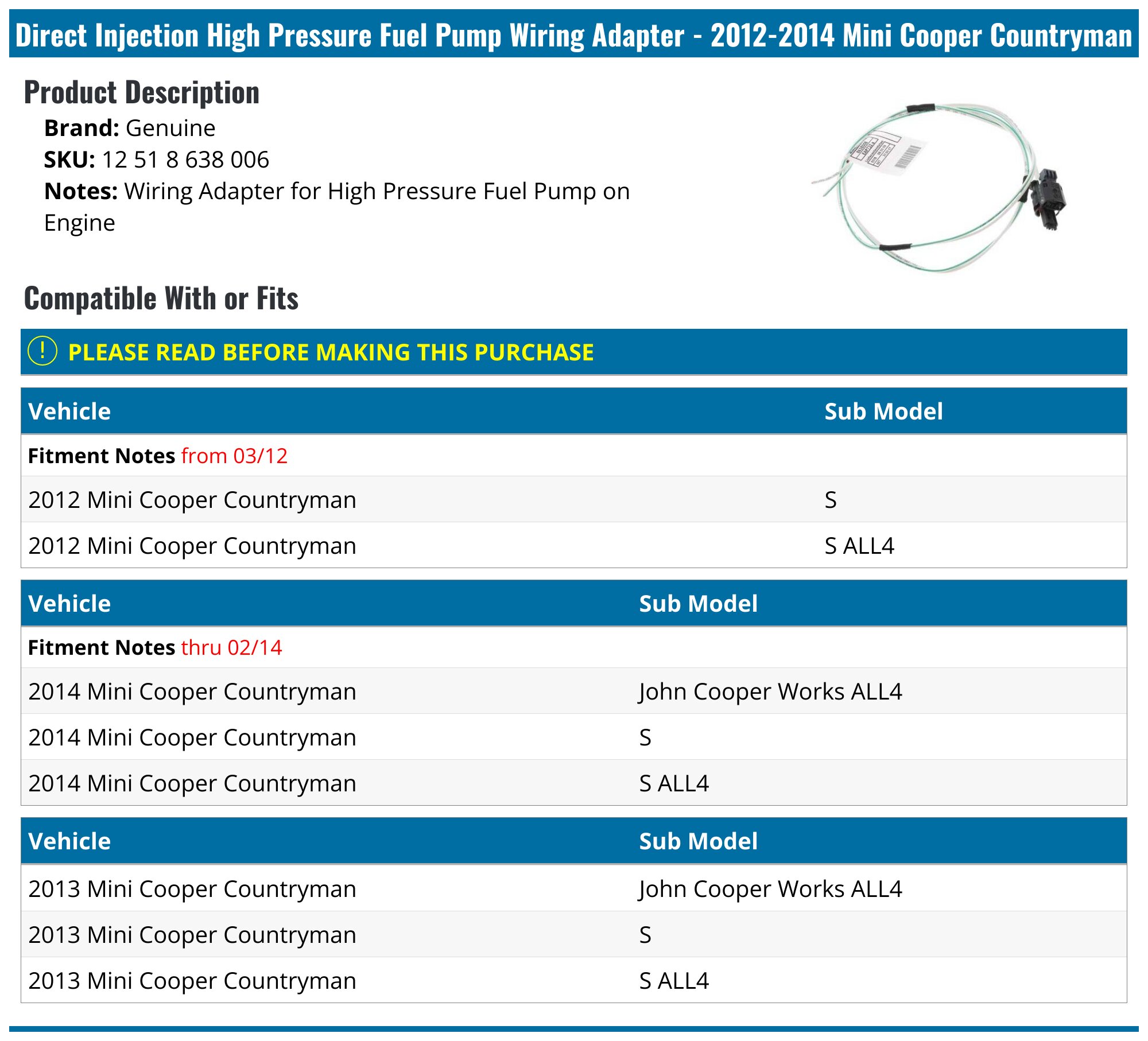 2012-2014 Mini Cooper Countryman Direct Injection High Pressure Fuel
