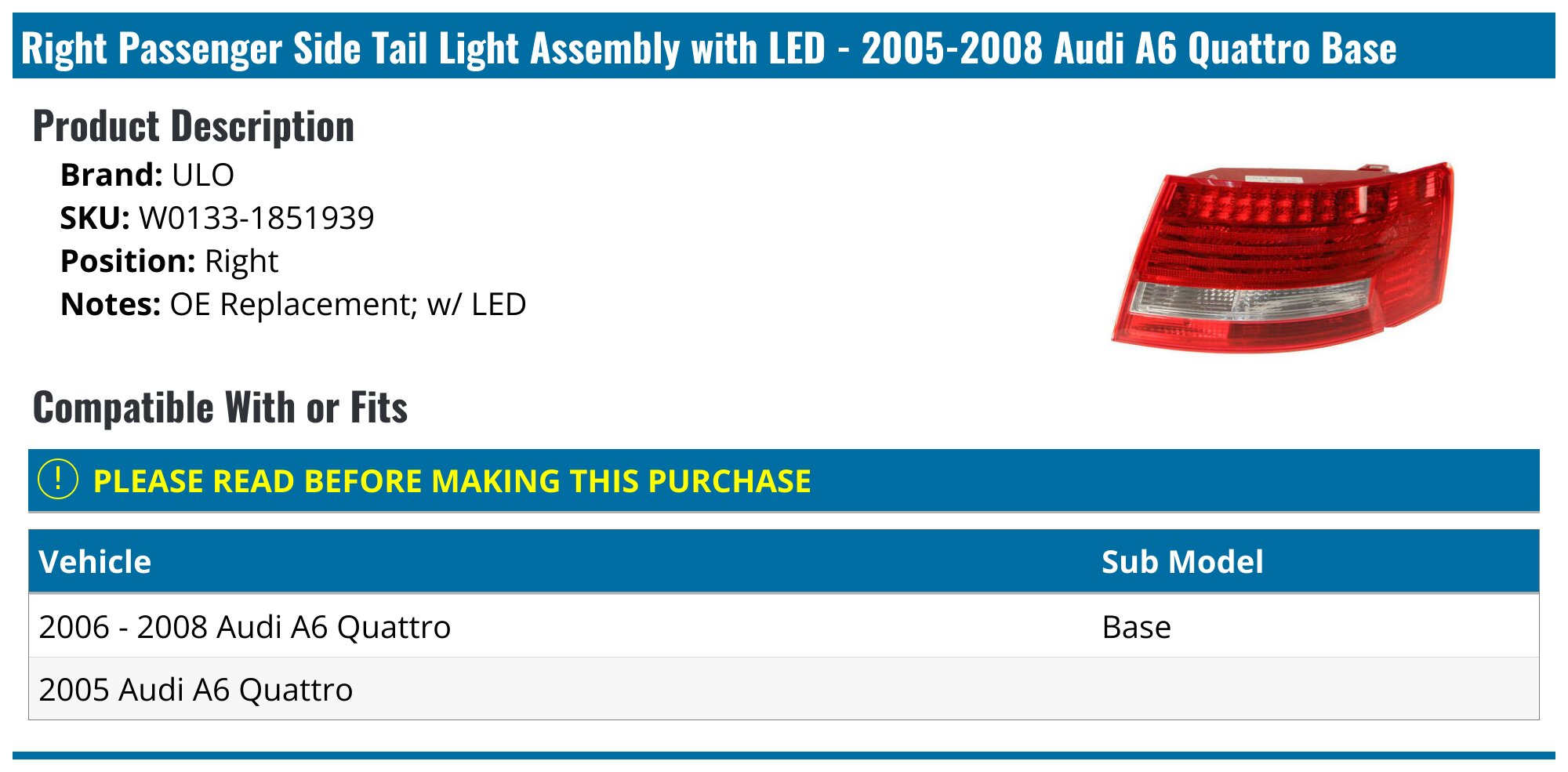 Audi A6 S6 Quattro Tail Light Assembly – Driver Left Side LED, 2005-2008 Sedan, OEM