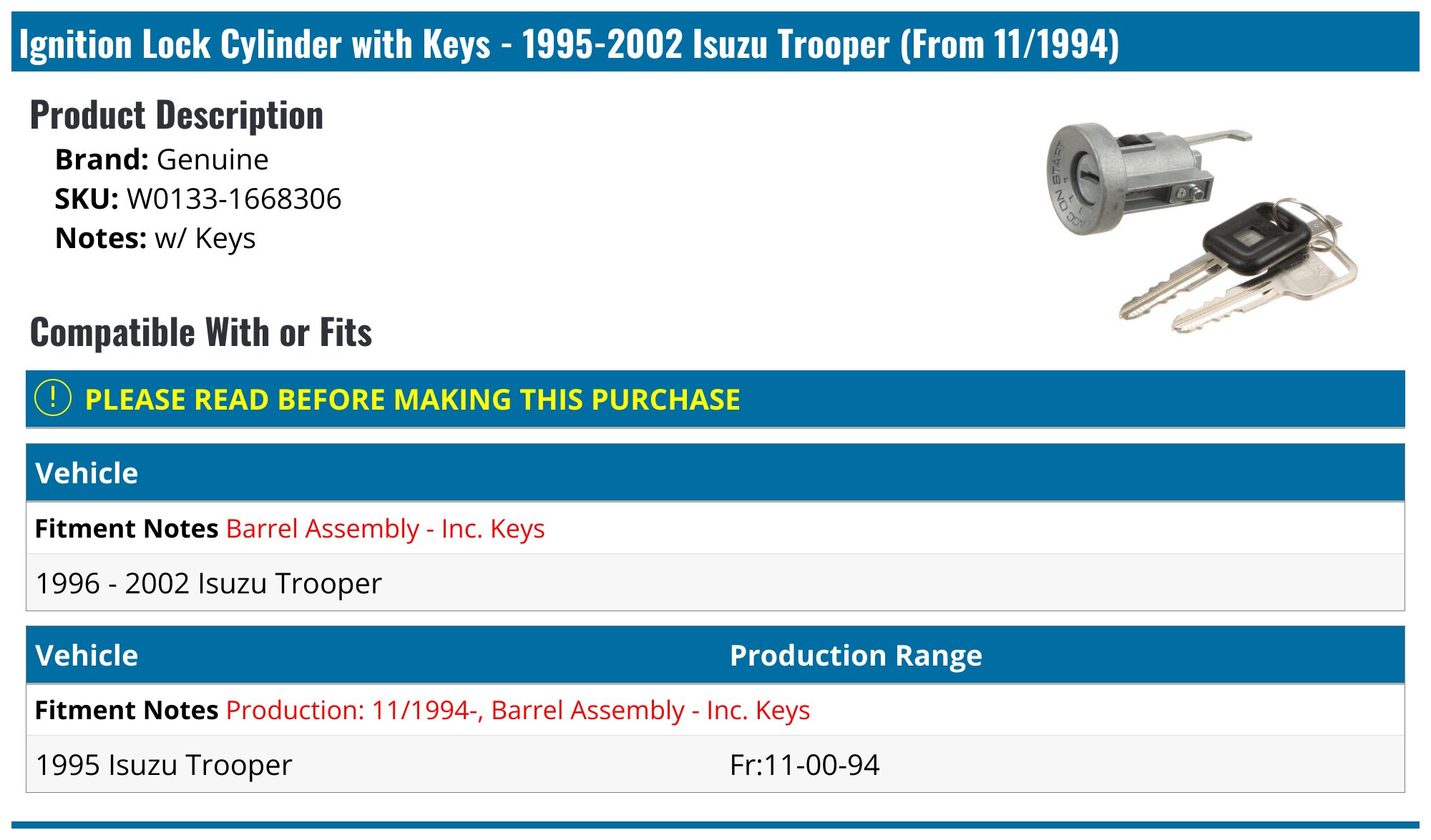 19952002 Isuzu Trooper Ignition Lock Cylinder Genuine W01331668306