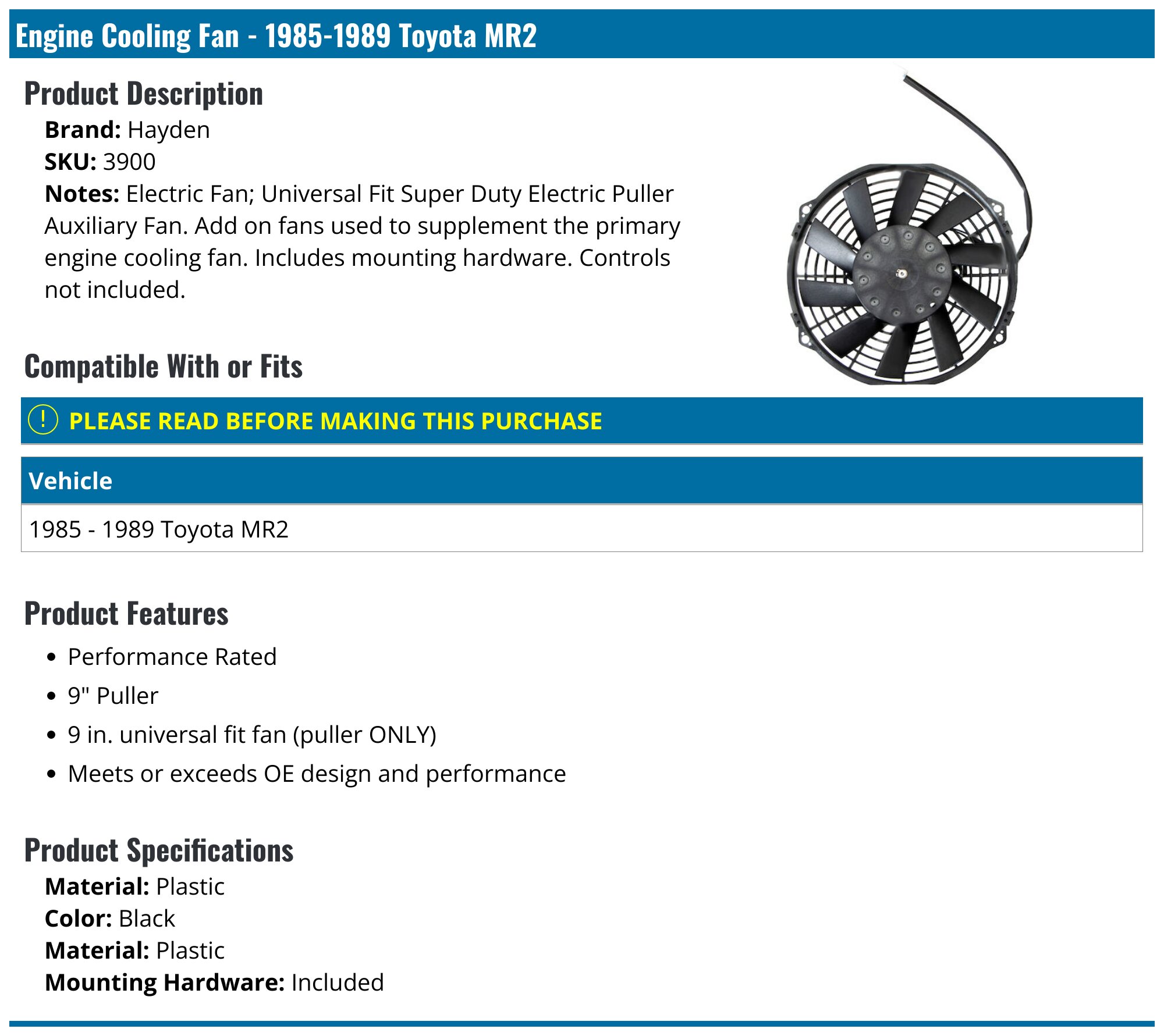 1985-1989 Toyota MR2 Radiator Fan Assembly - Hayden 3900 - PartsGeek.com