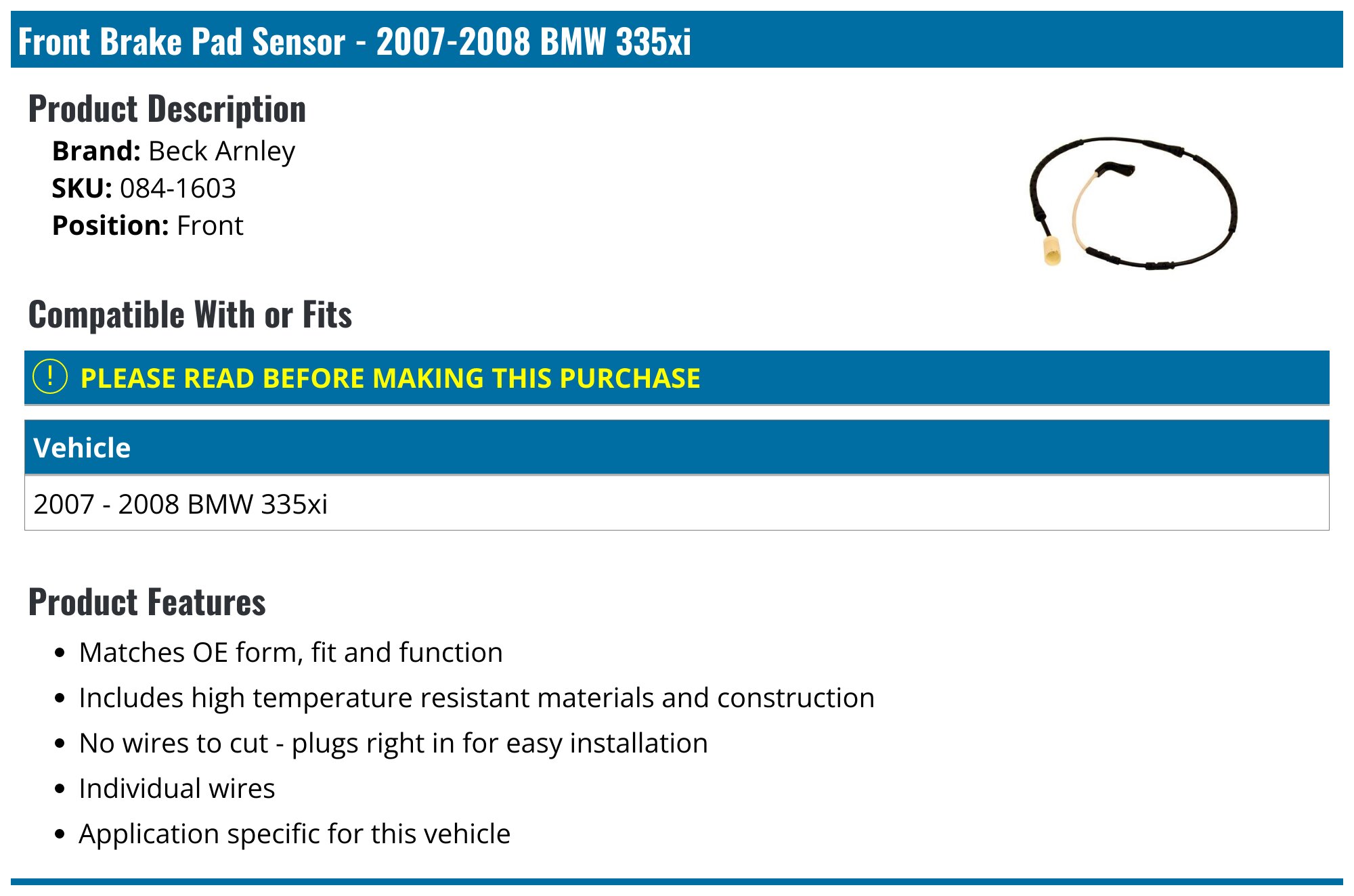 Beck/Arnley 084-1603 Brake Pad Wear Sensor Wire - OE Replacement, Plug & Play