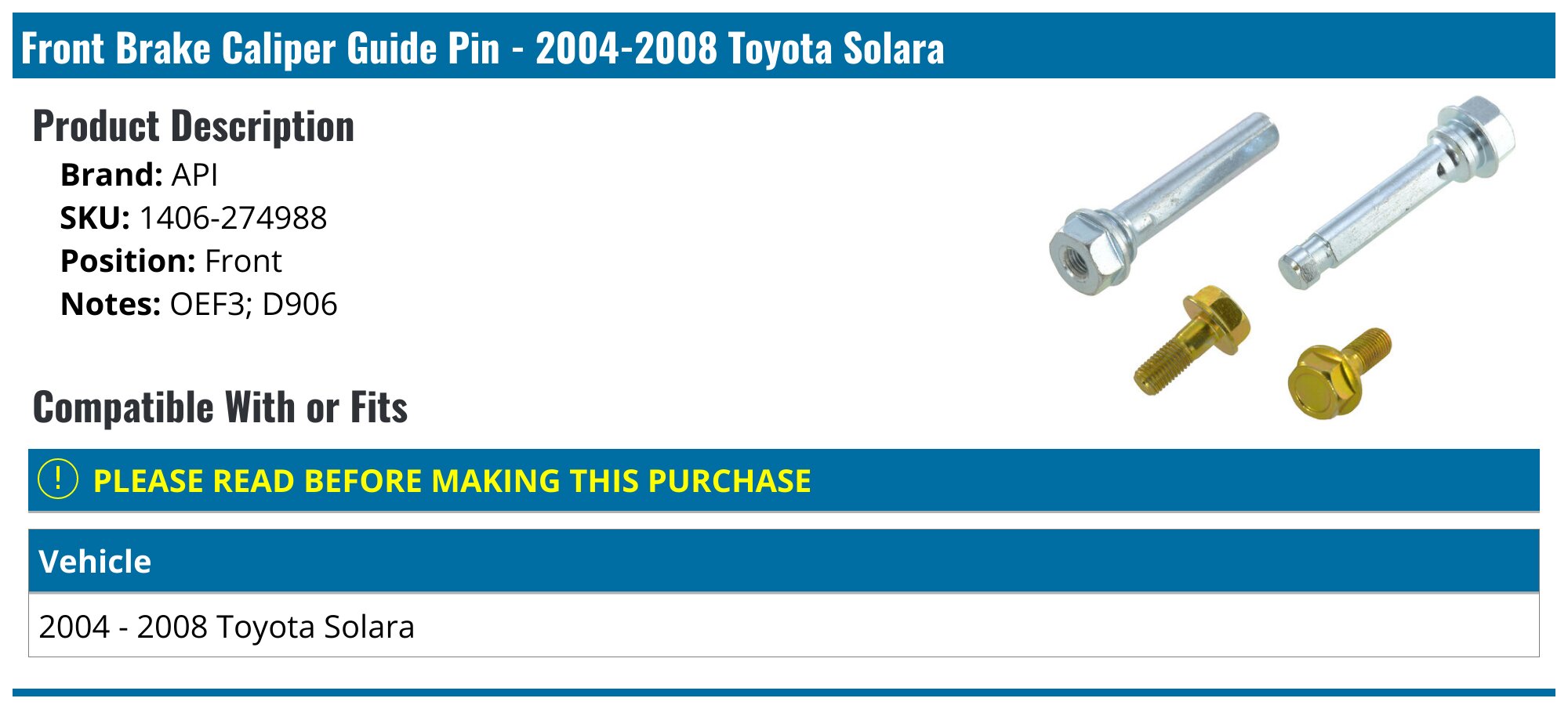 Solara Api 2004-2008 Toyota Solara Brake Caliper Guide Pin - API 18055-07912730 ...