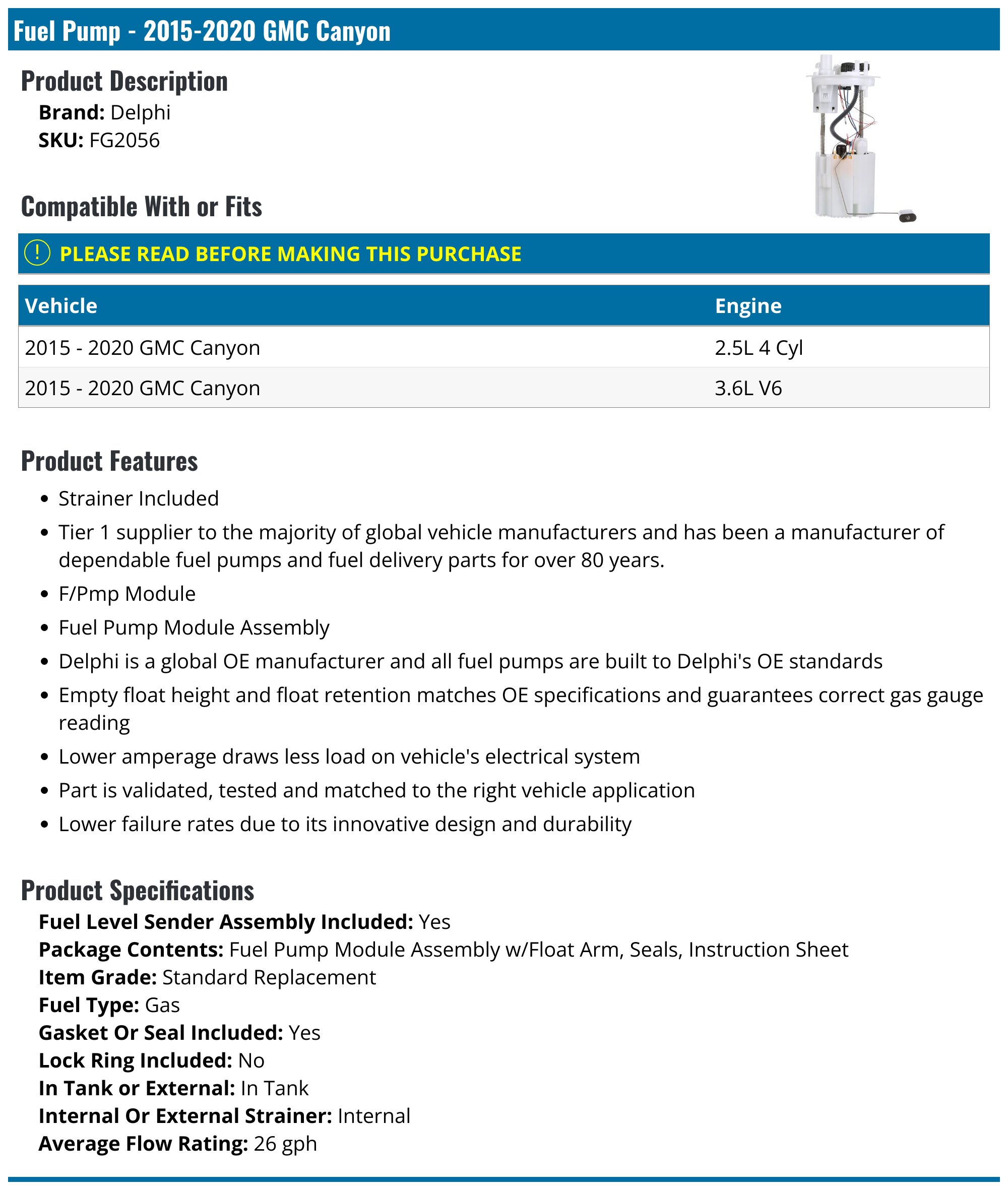 KINTOP Fuel Pump Module For GMC Canyon & Chevy Colorado 2015-2020 2.5L 3.6L