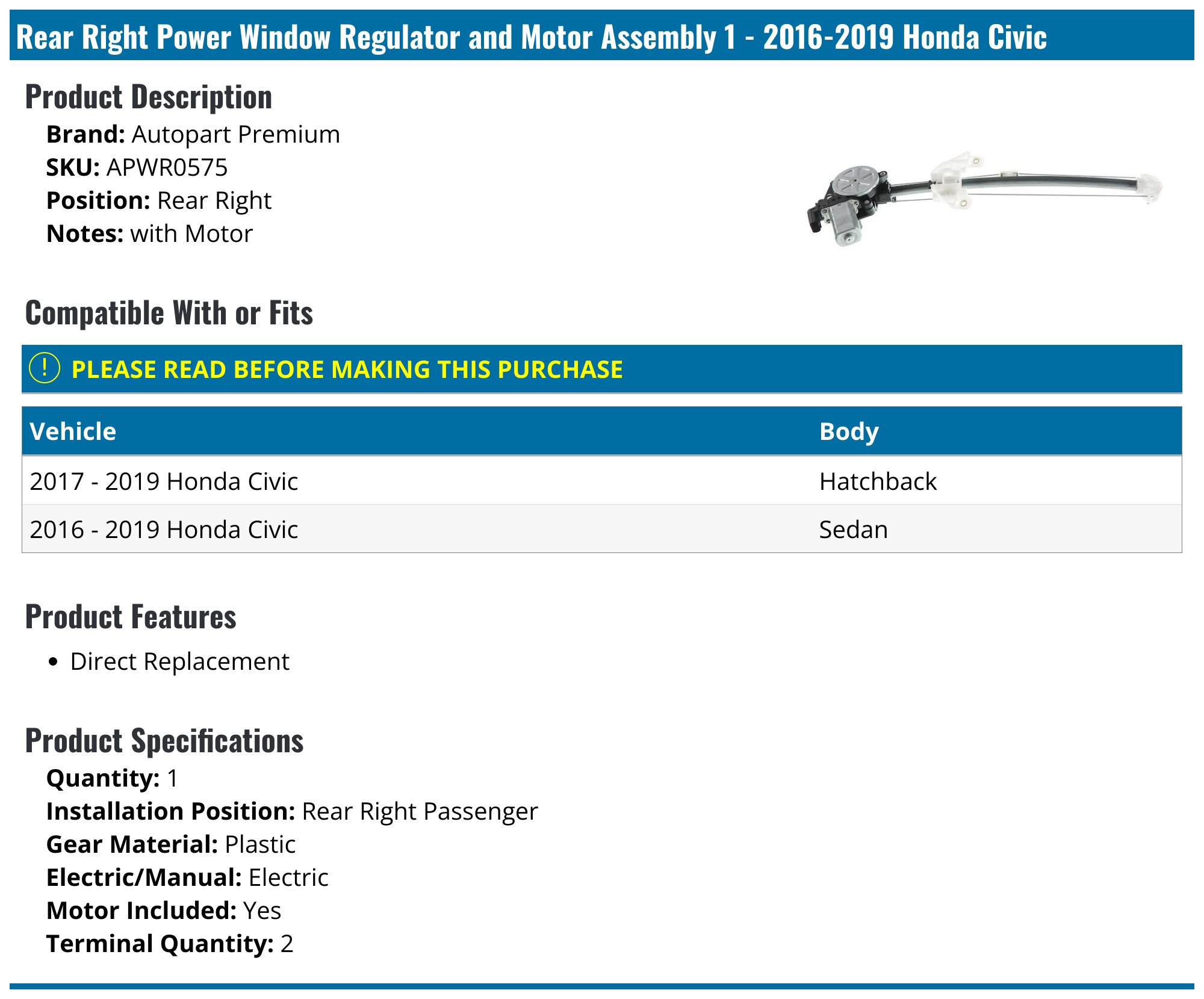 For Honda Civic 2016-2021 Front Passenger/RH Side Window