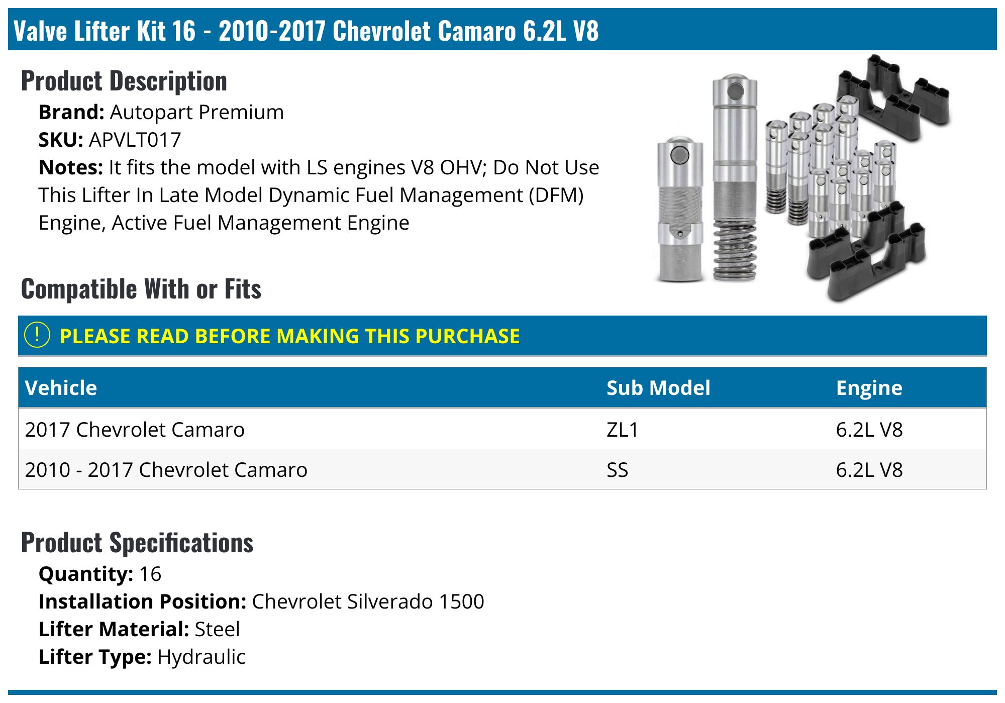 AFM Valve Lifters & Trays Kit For Chevy GMC LS V8 5.3 6.0 6.2L, Active Fuel Management, 2005-2020