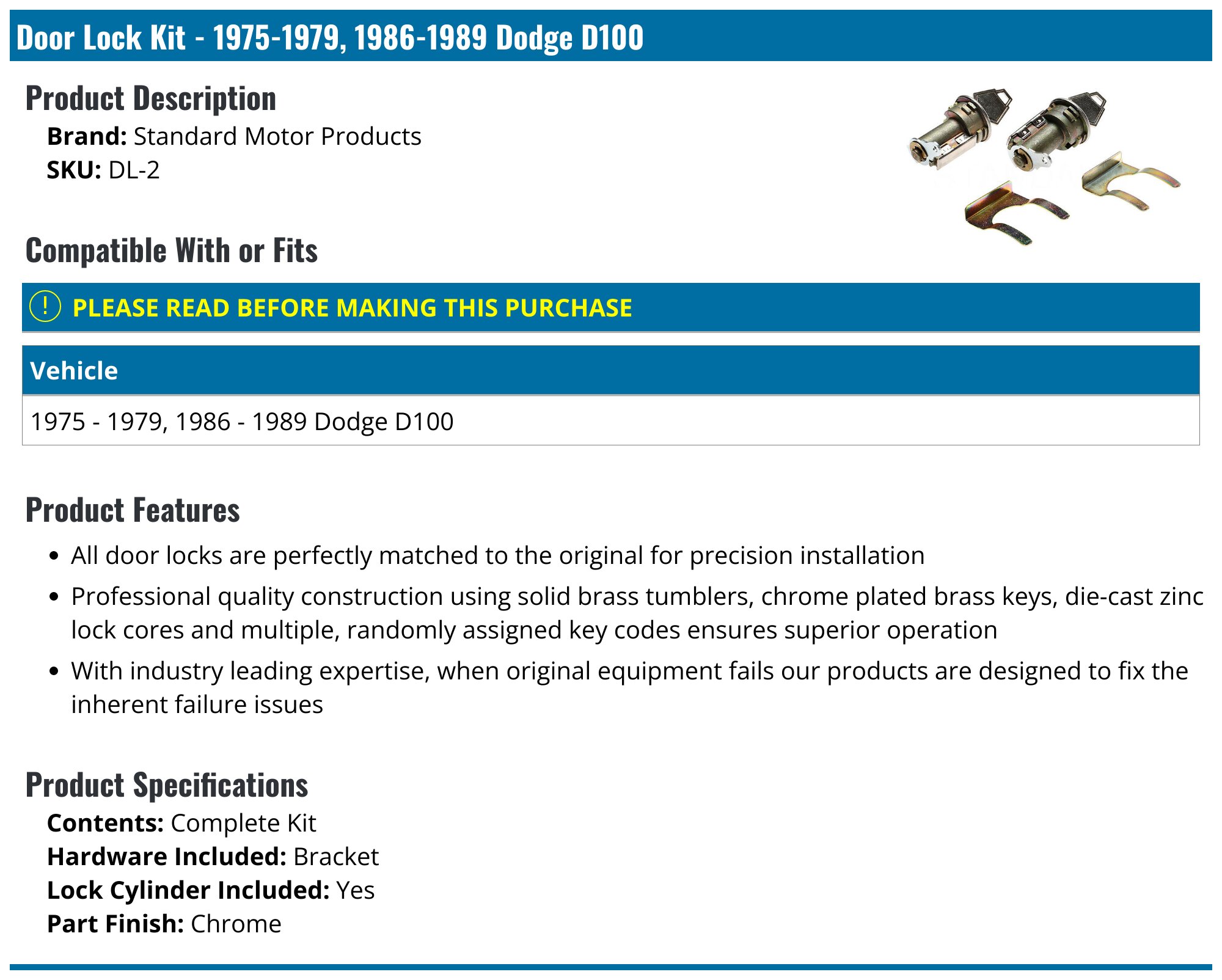 19751979, 19861989 Dodge D100 Door Lock Kit Standard Motor Products