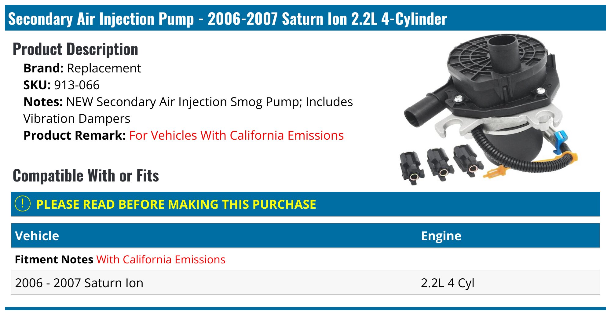 20062007 Saturn Ion Air Pump Replacement 913066