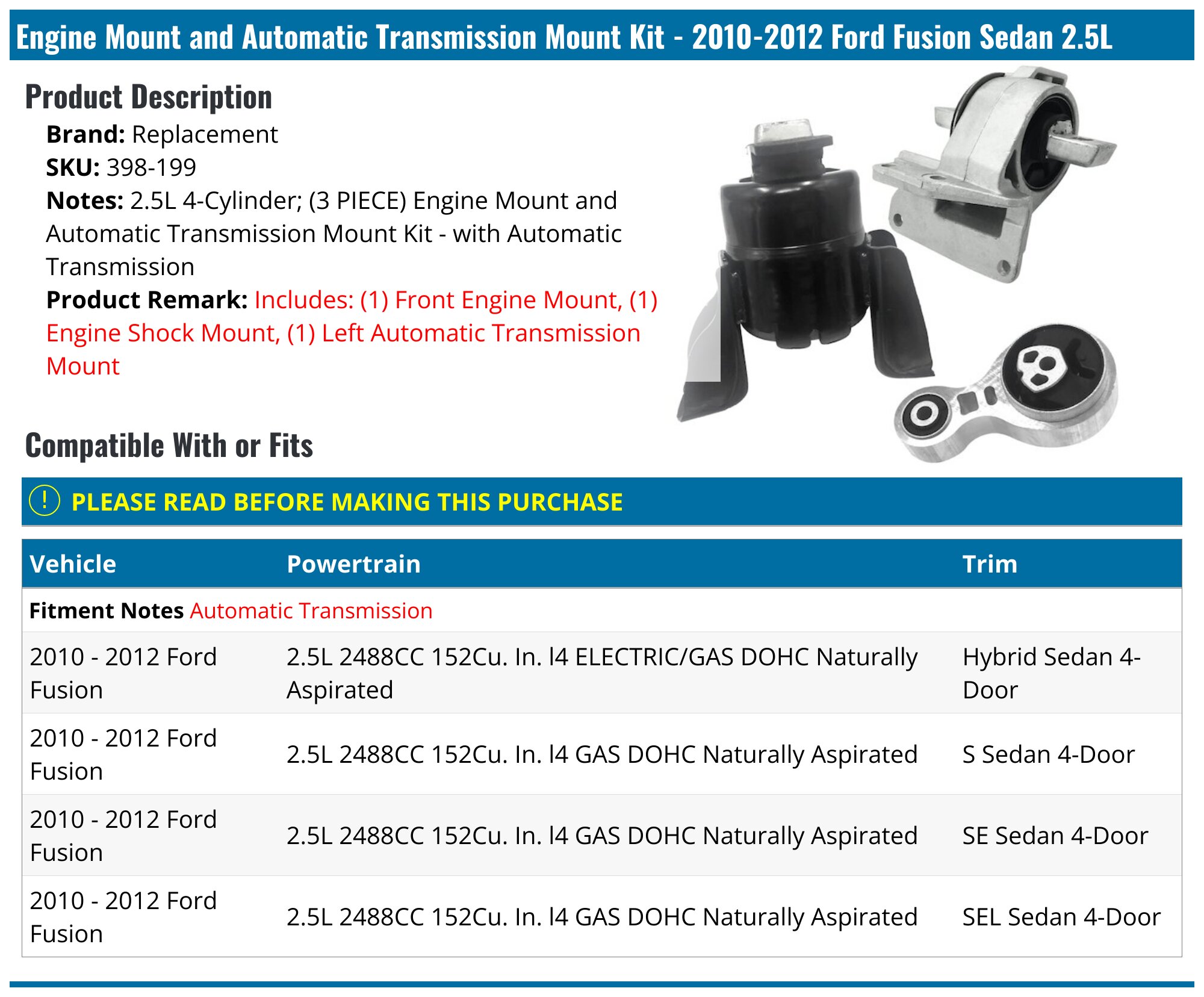 2010-2012 Ford Fusion Engine Mount - Replacement 398-199 - PartsGeek.com