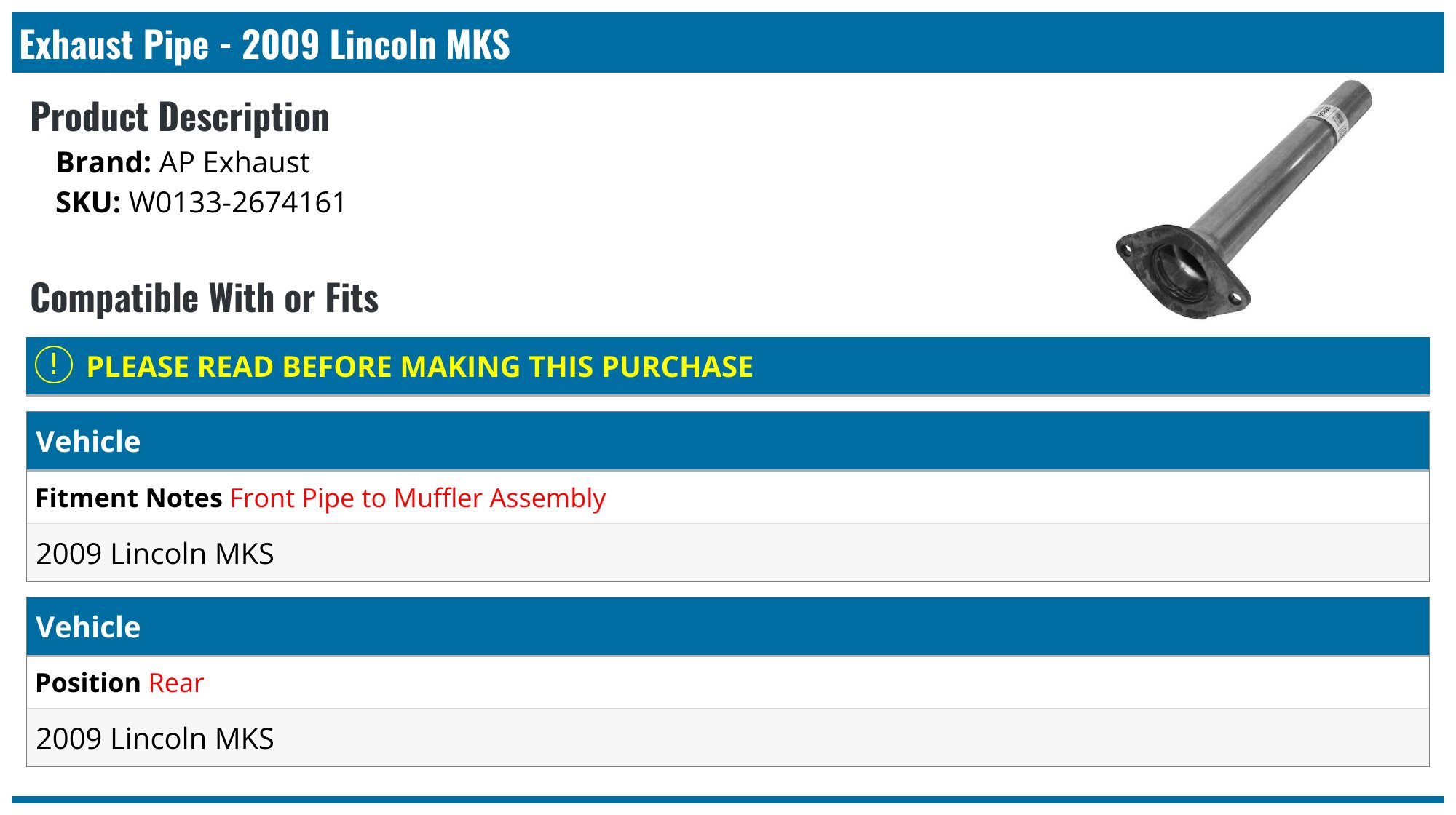 BRExhaust Front Pipe Kit Lincoln MKX 3.7L 2011-2015 107-0284 | Vivid Racing
