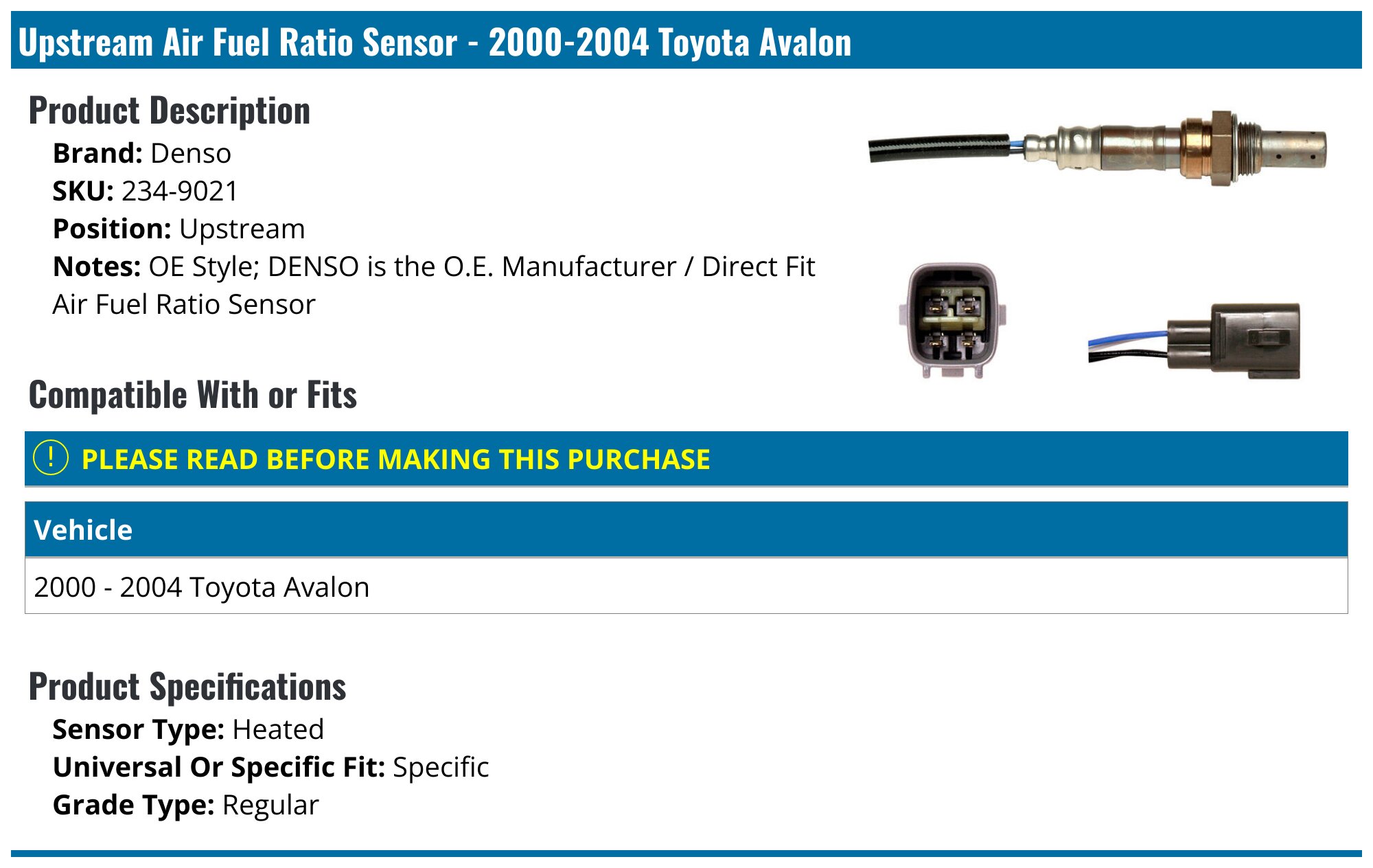 Upstream O2 Oxygen Sensor – Denso 234-9021 – For 2000 Toyota Avalon 3.0L V6