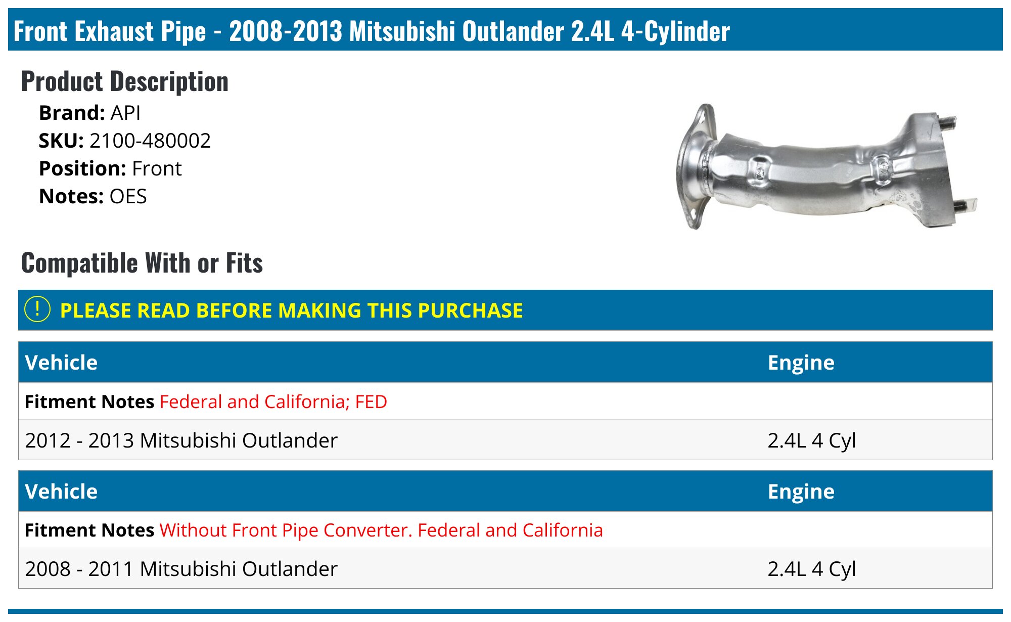20082013 Mitsubishi Outlander Exhaust Pipe API 2976607617246