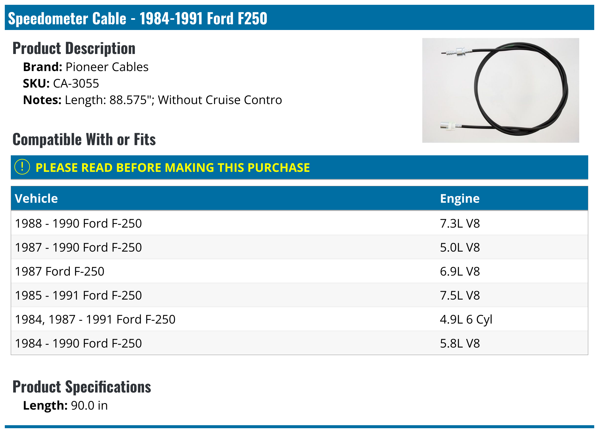 19841991 Ford F250 Speedometer Cable Pioneer Cables CA3055