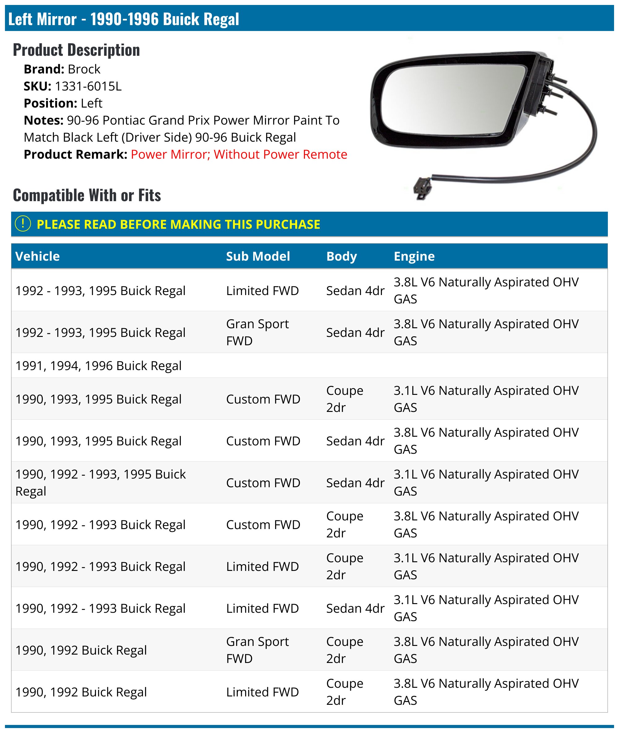Cuadro Aluminio Espejo Eléctrico Derecho Para Buick Regal 89-96 / Pontiac Grand Prix – Pintable, Sin Calefacción Espejo Ajuste Potencia Kool Vue - Foto 12