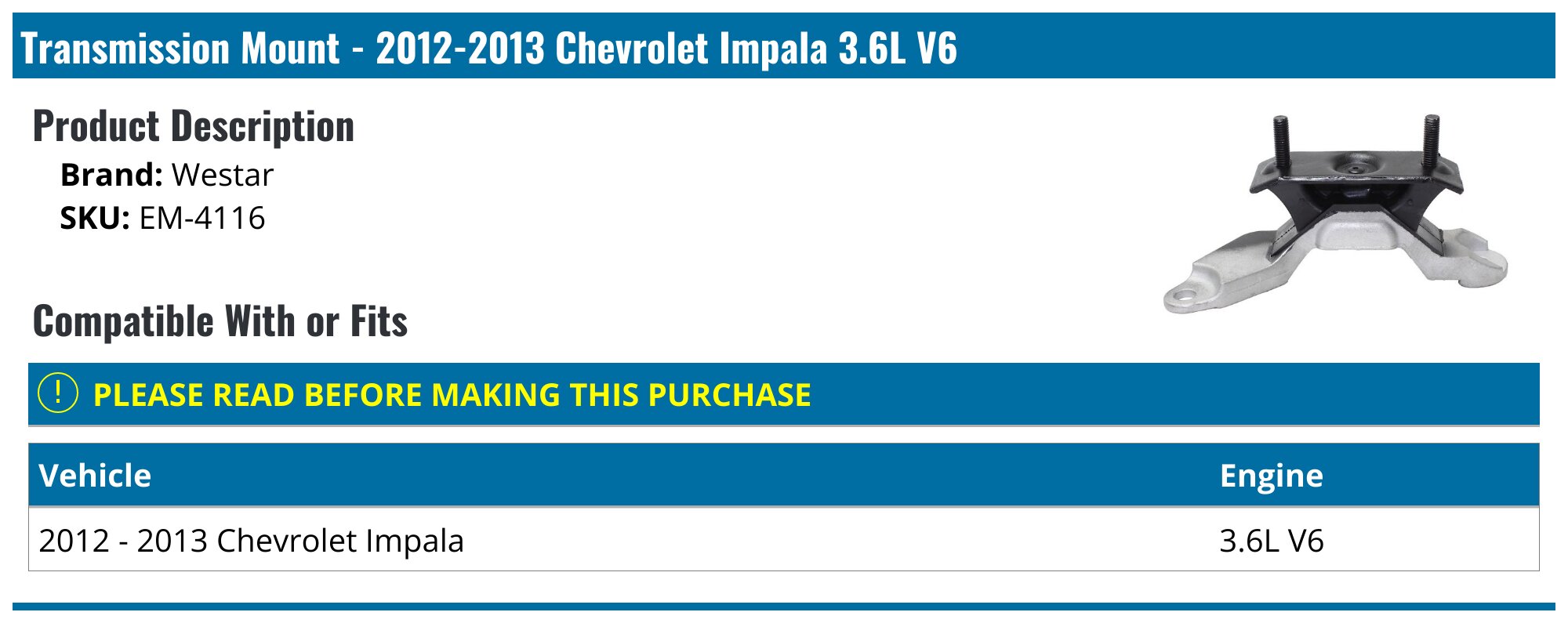 2012-2013 Chevrolet Impala Transmission Mount - Westar EM-4116 ...