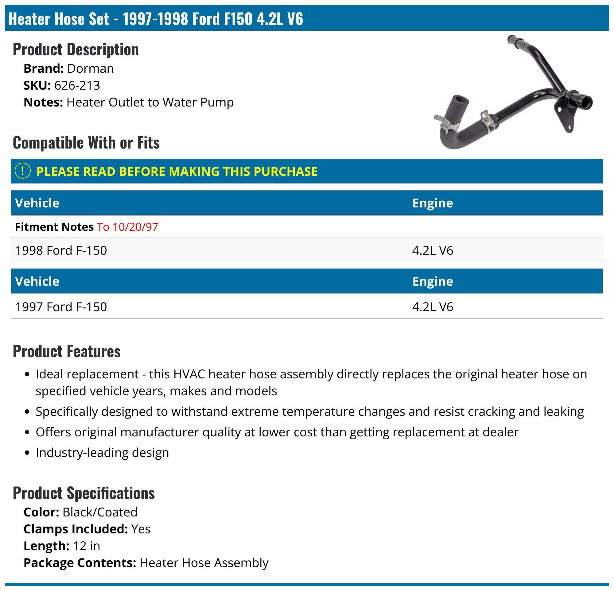 Automall_tech Engine Heater Hose Assembly F75Z8555AB For Ford F-150 4.2L 1997-2004