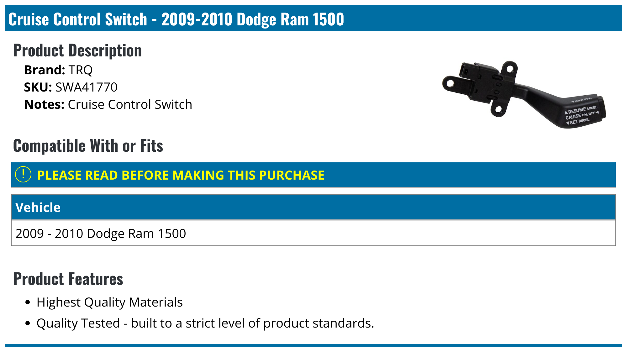 20092010 Dodge Ram 1500 Cruise Control Switch TRQ SWA41770