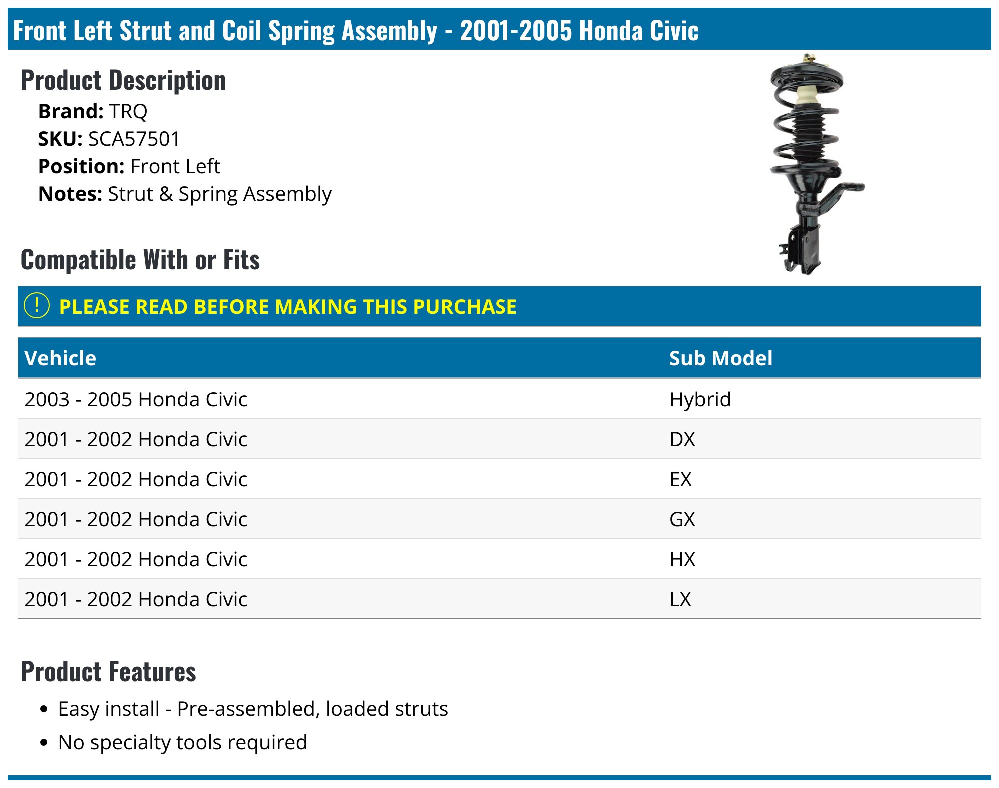 Front Left Strut & Coil Spring Assembly For 2001-2005 Honda Civic – AM Autoparts, 10-Year Warranty