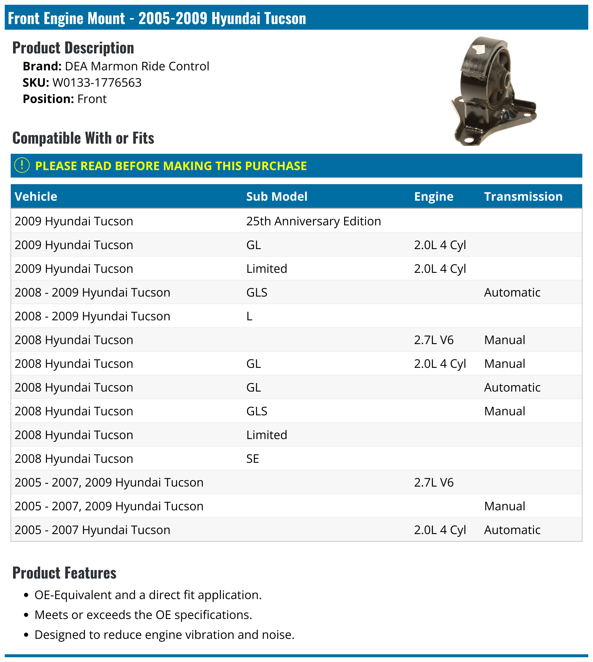20052009 Hyundai Tucson Engine Mount DEA Marmon Ride Control W01331776563 Front