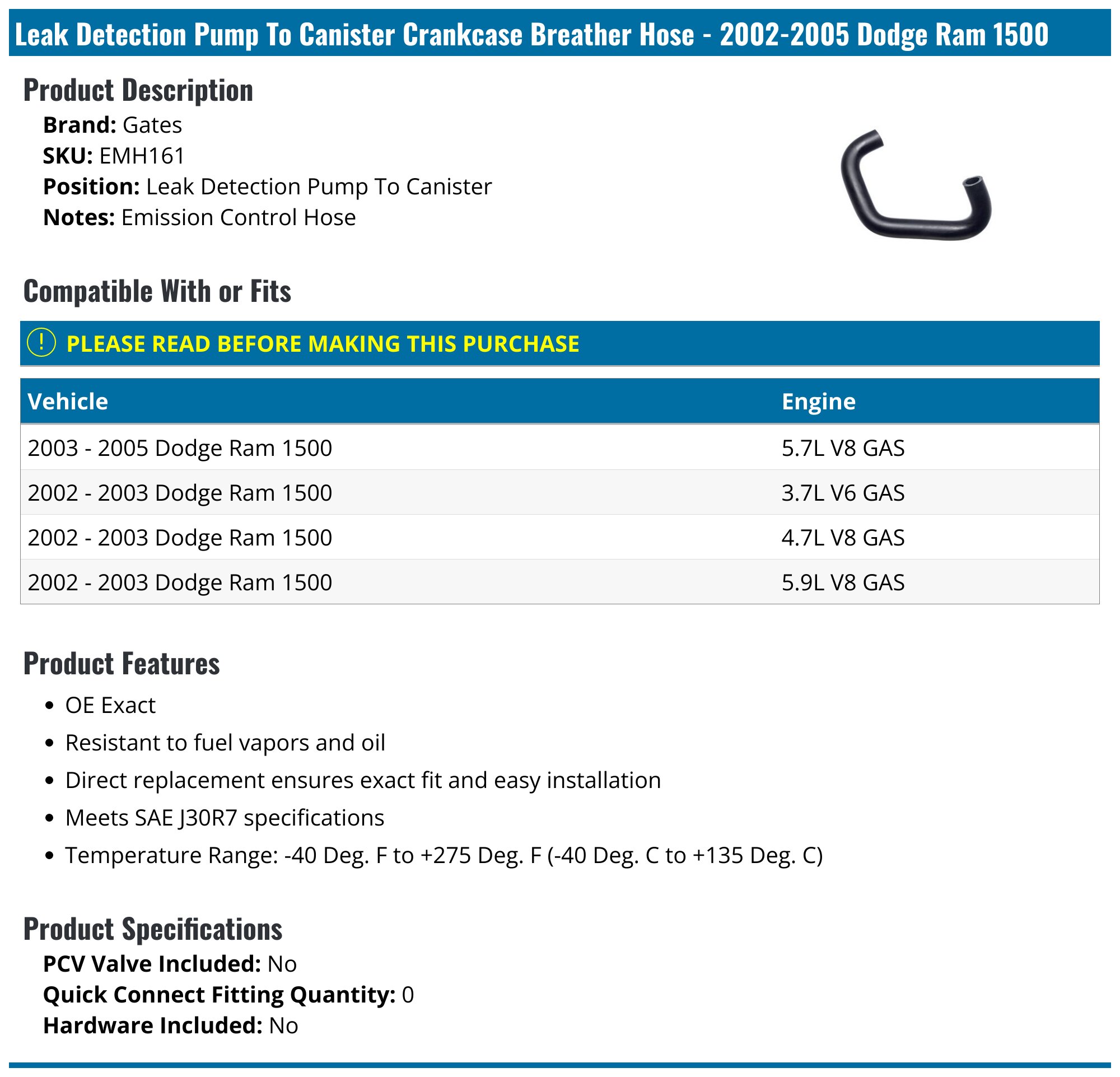 Mopar 73567FS Breather Hose For 2006-2010 Dodge Ram 1500 – OEM Replacement, 12 Month Warranty