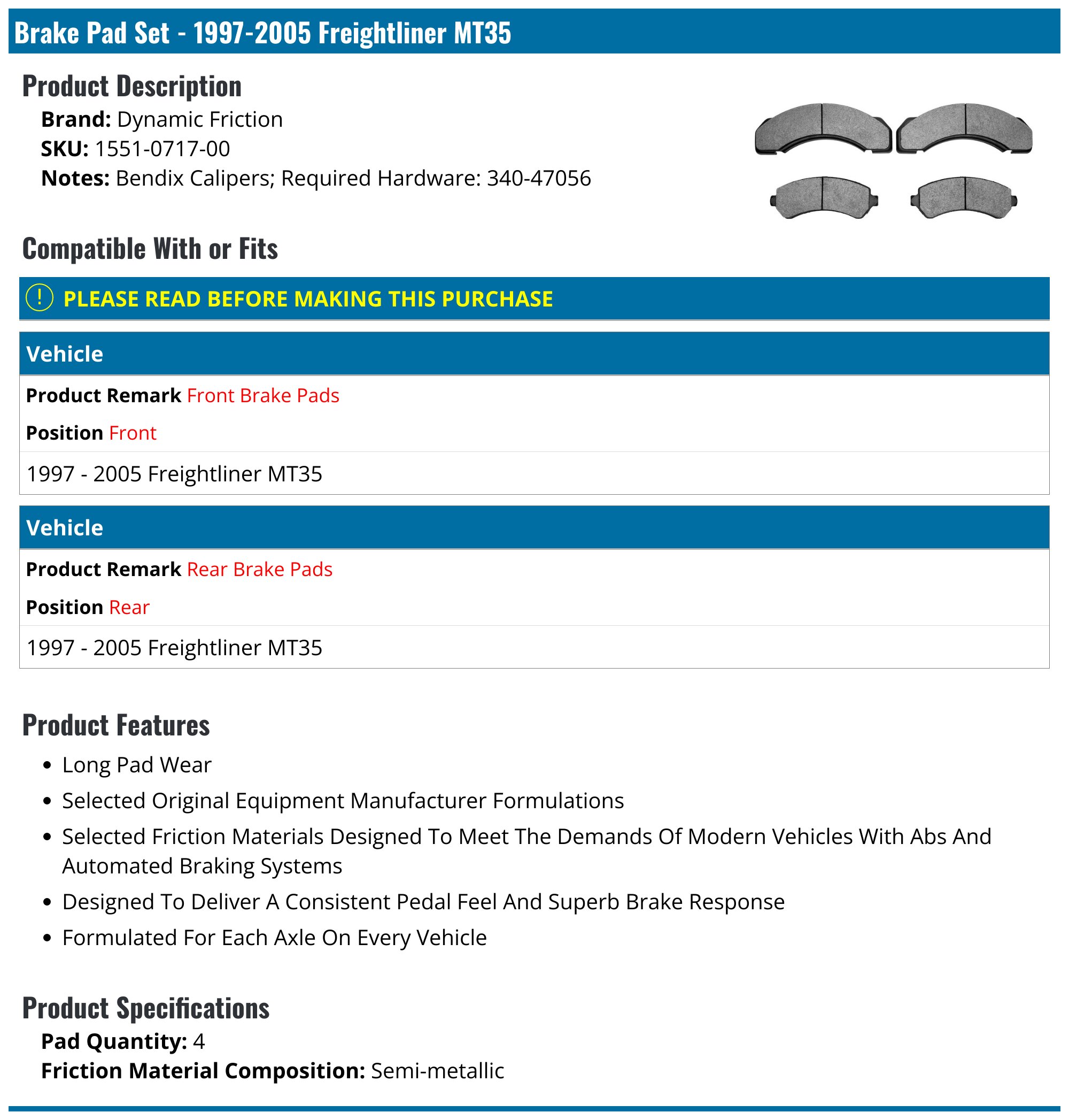 1997-2005 Freightliner MT35 Brake Pad Set - Dynamic Friction 1551-0717 ...