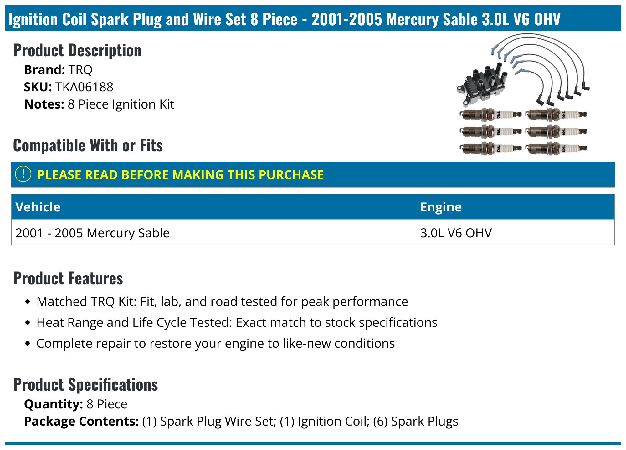 2001-2005 Mercury Sable Ignition Coil - TRQ TKA06188 - PartsGeek.com