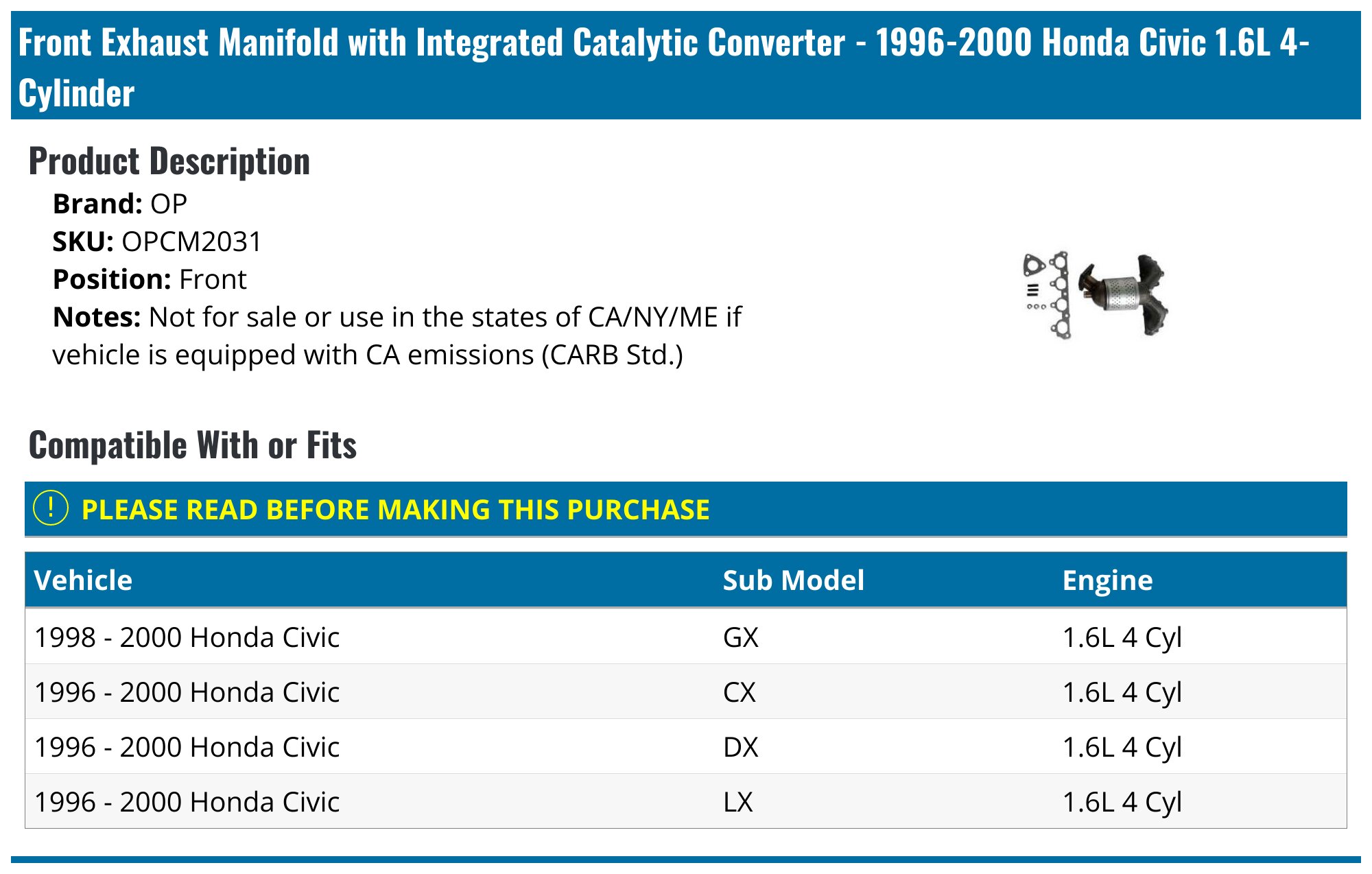 Exhaust Manifold With Gasket For 92-98 Honda Civic & 93-97 Del Sol 1.6L - Cast Iron