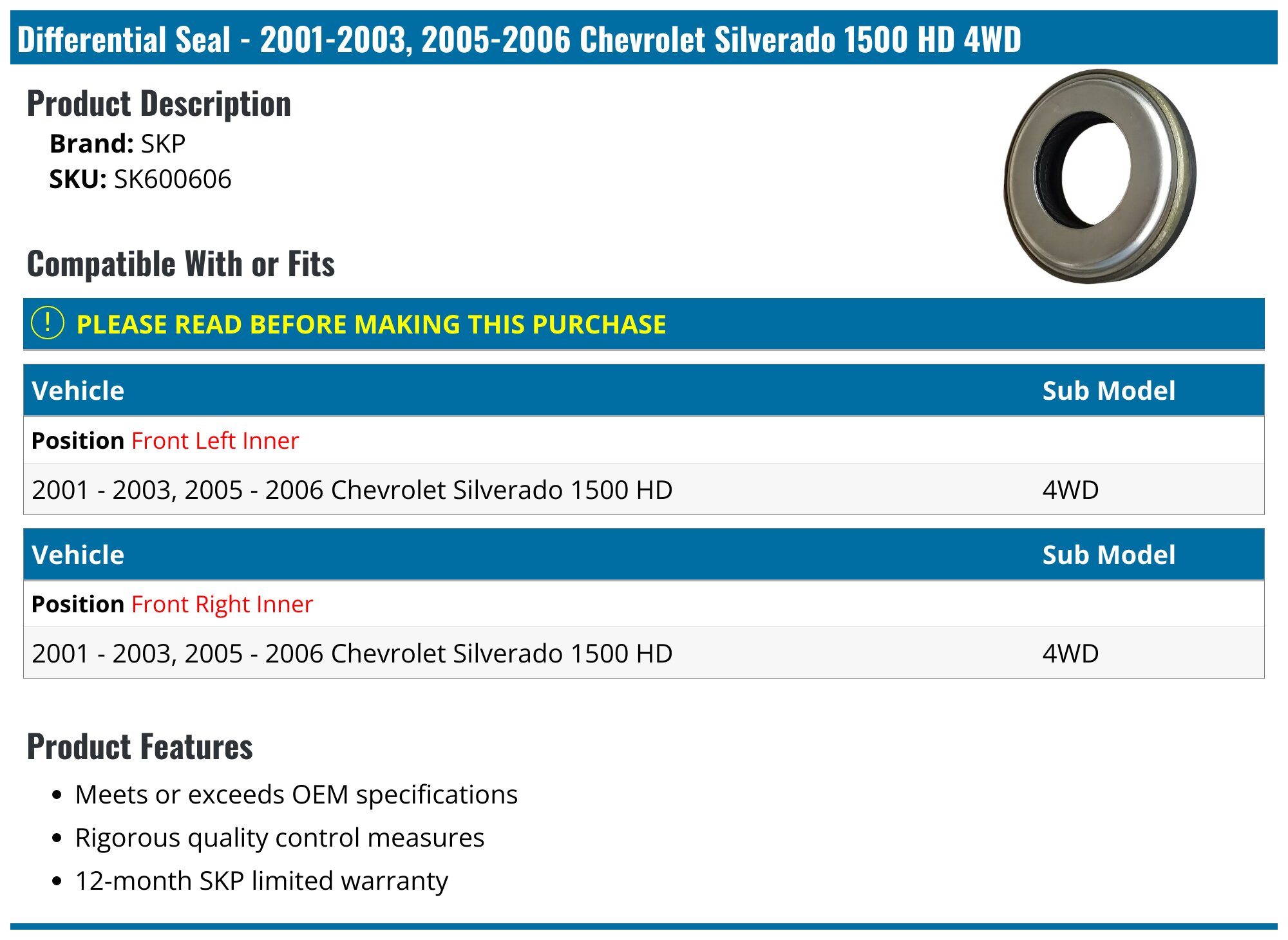 SKF Front Axle Shaft Seal For 1999-2006 Chevy Silverado 1500 - Direct Fit