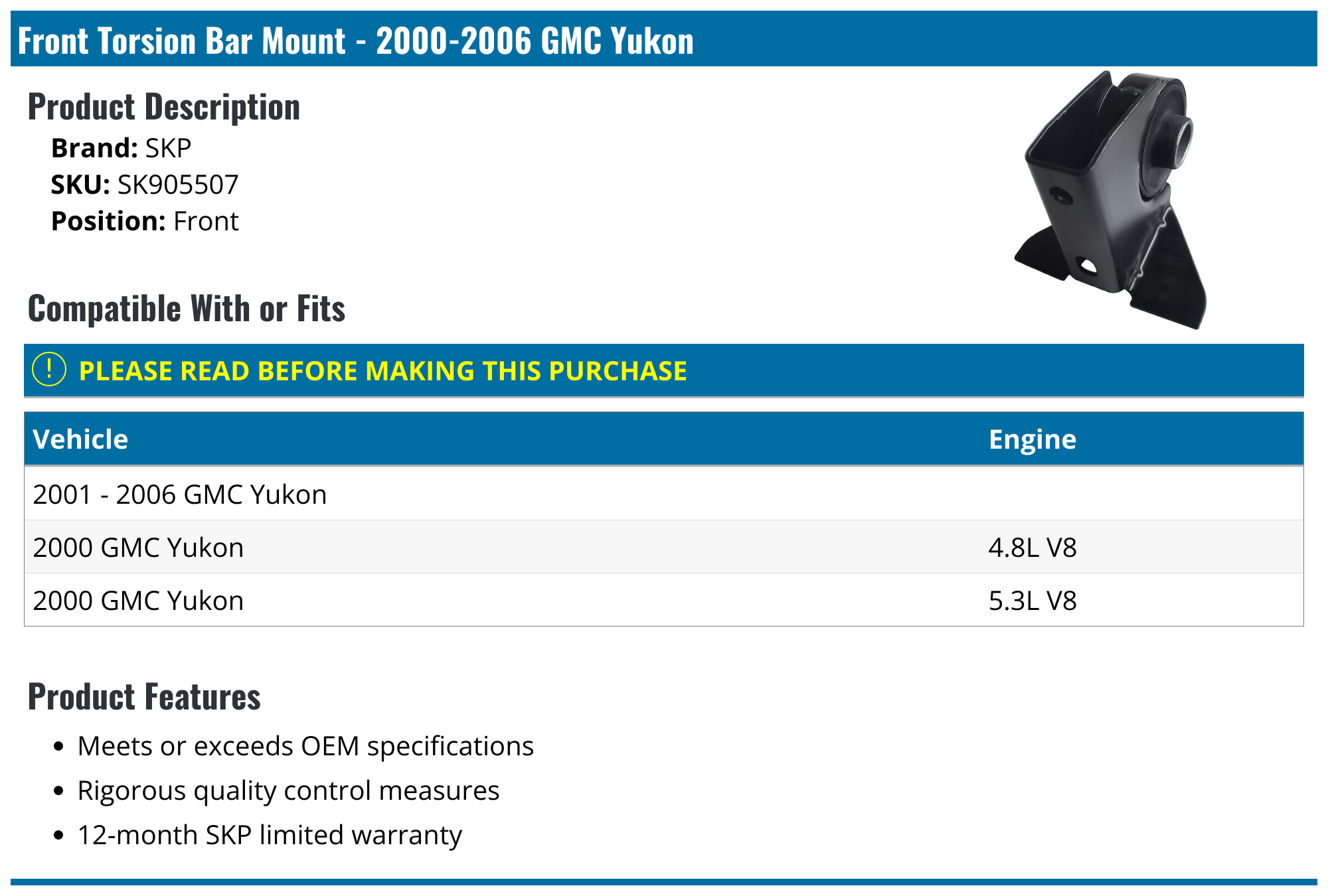 20002006 GMC Yukon Torsion Bar Mount SKP SK905507 Front