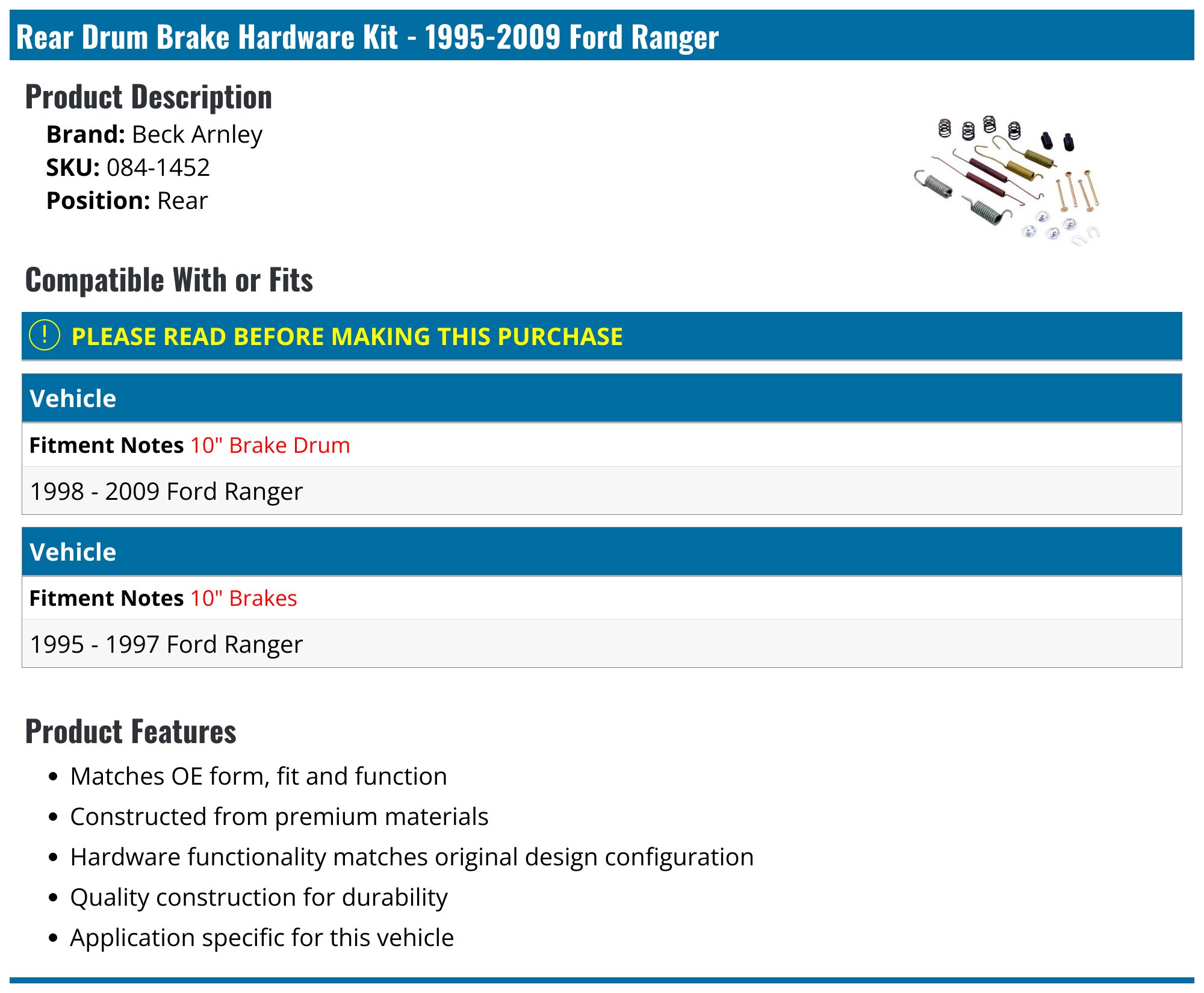 1995-2009 Ford Ranger Drum Brake Hardware Kit - Beck Arnley 084-1452 ...
