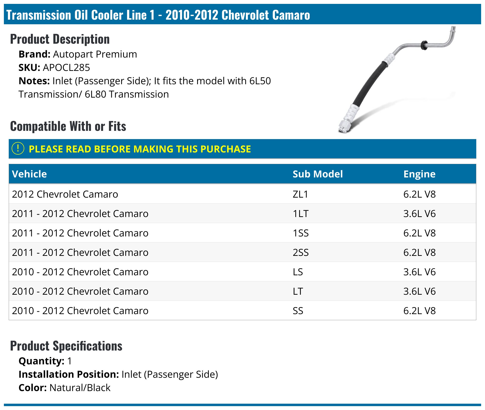A-Premium Transmission Oil Cooler Line Hose For 2010-2012 Chevrolet Camaro - Direct Replacement 7.95 Inch