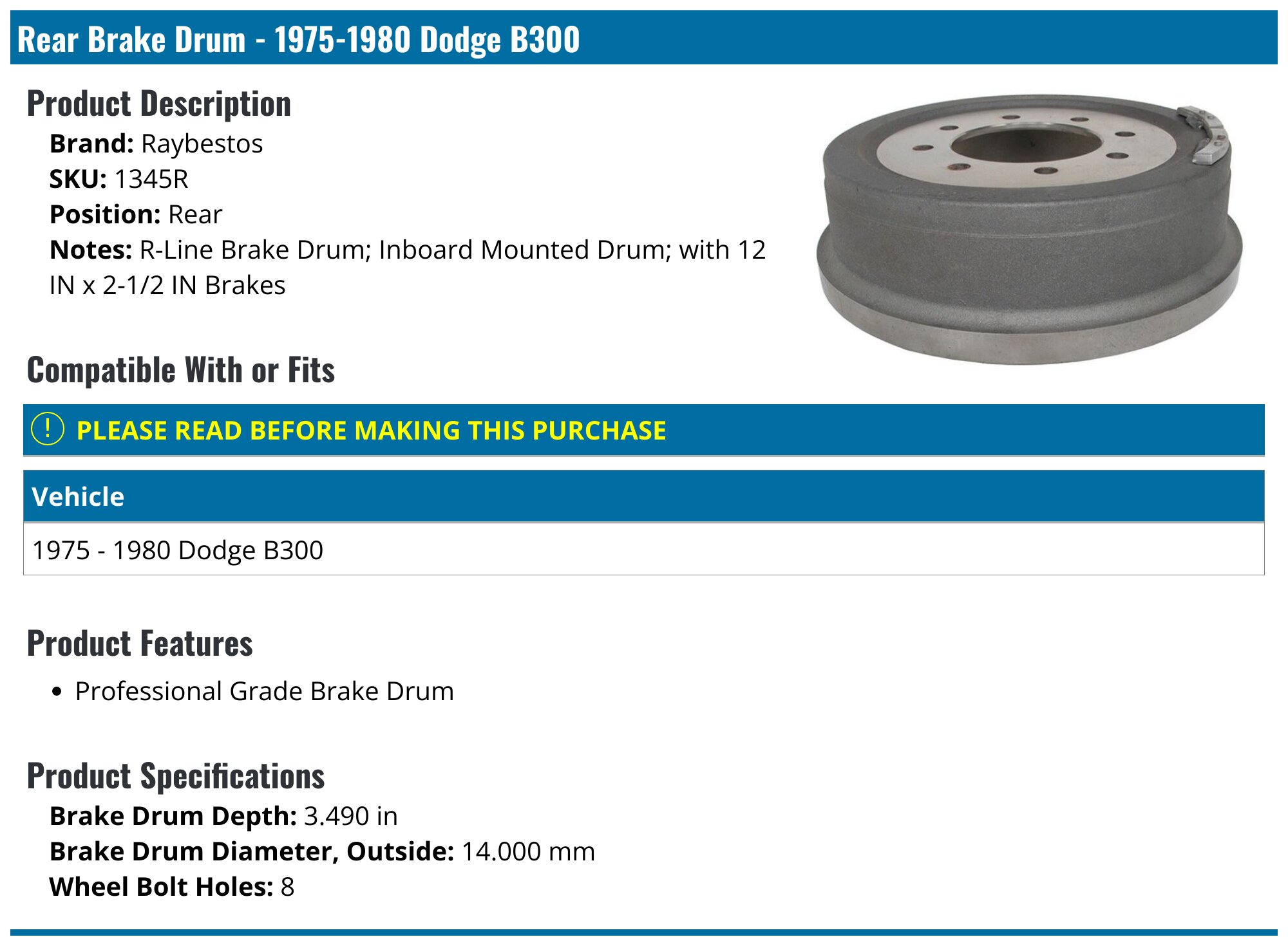 Raybestos 9545R Professional Grade Brake Drum - OEM Quality Replacement