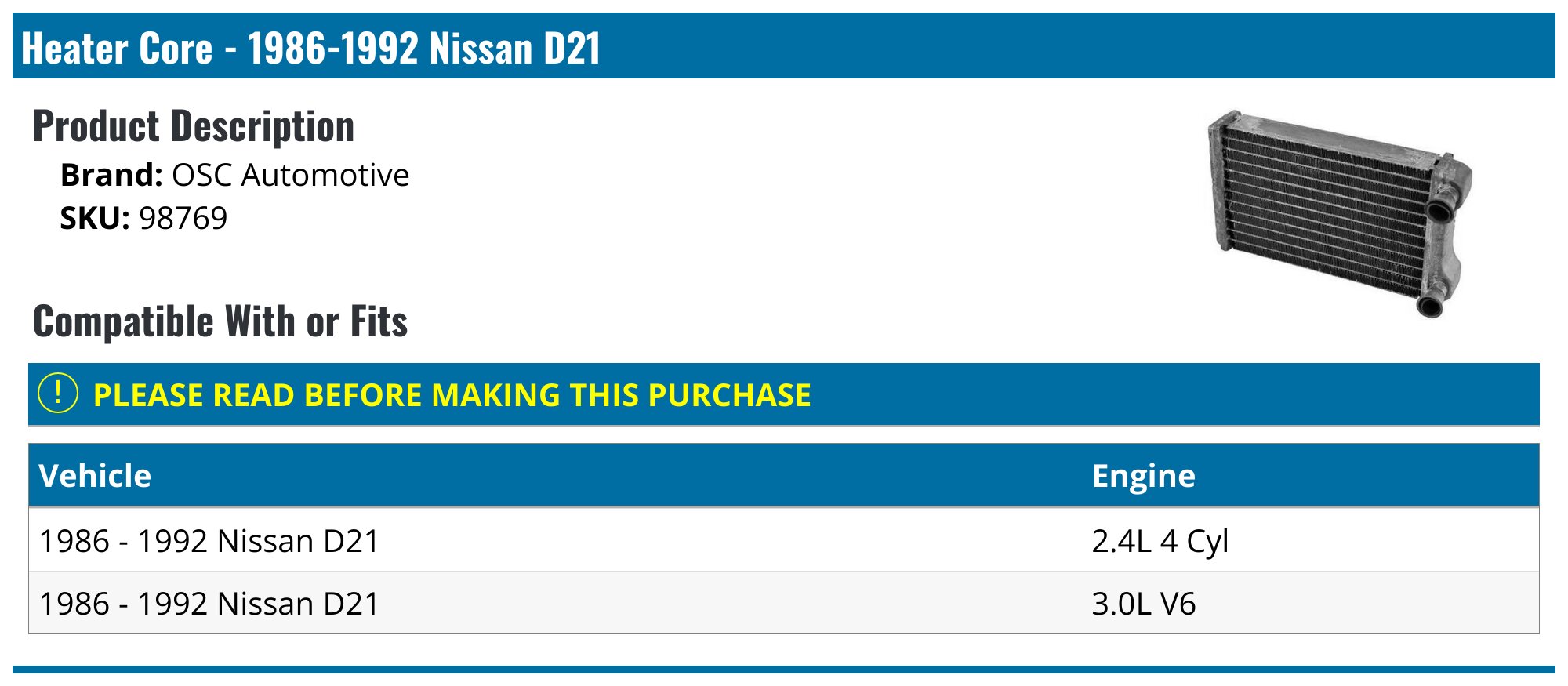 19861992 Nissan D21 Heater Core OSC Automotive 98769