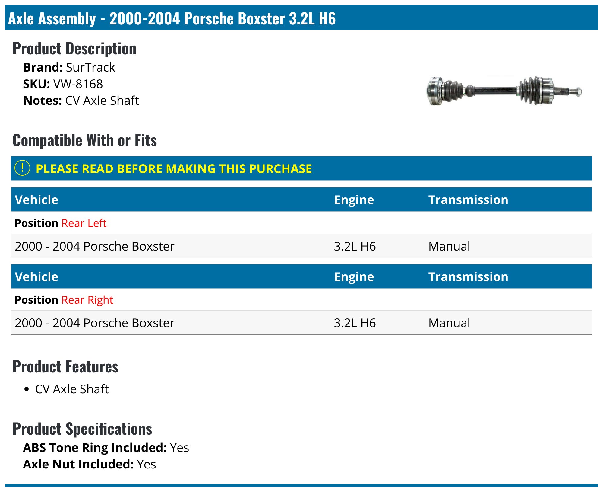 2000-2004 Porsche Boxster Axle Assembly - SurTrack VW-8168 - Rear ...