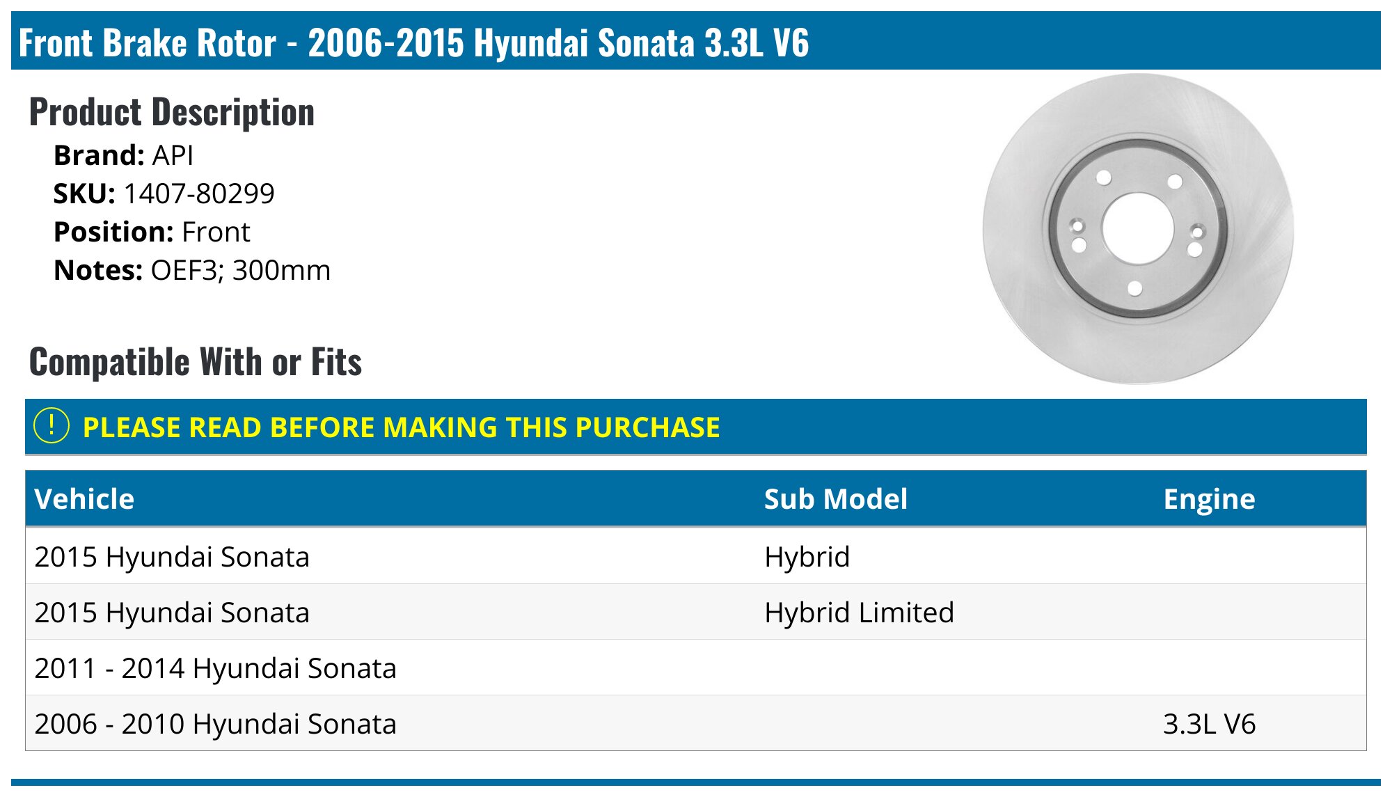 API Front Brake Rotor For 2015-2019 Hyundai Sonata – 98548BC – 305mm Disc