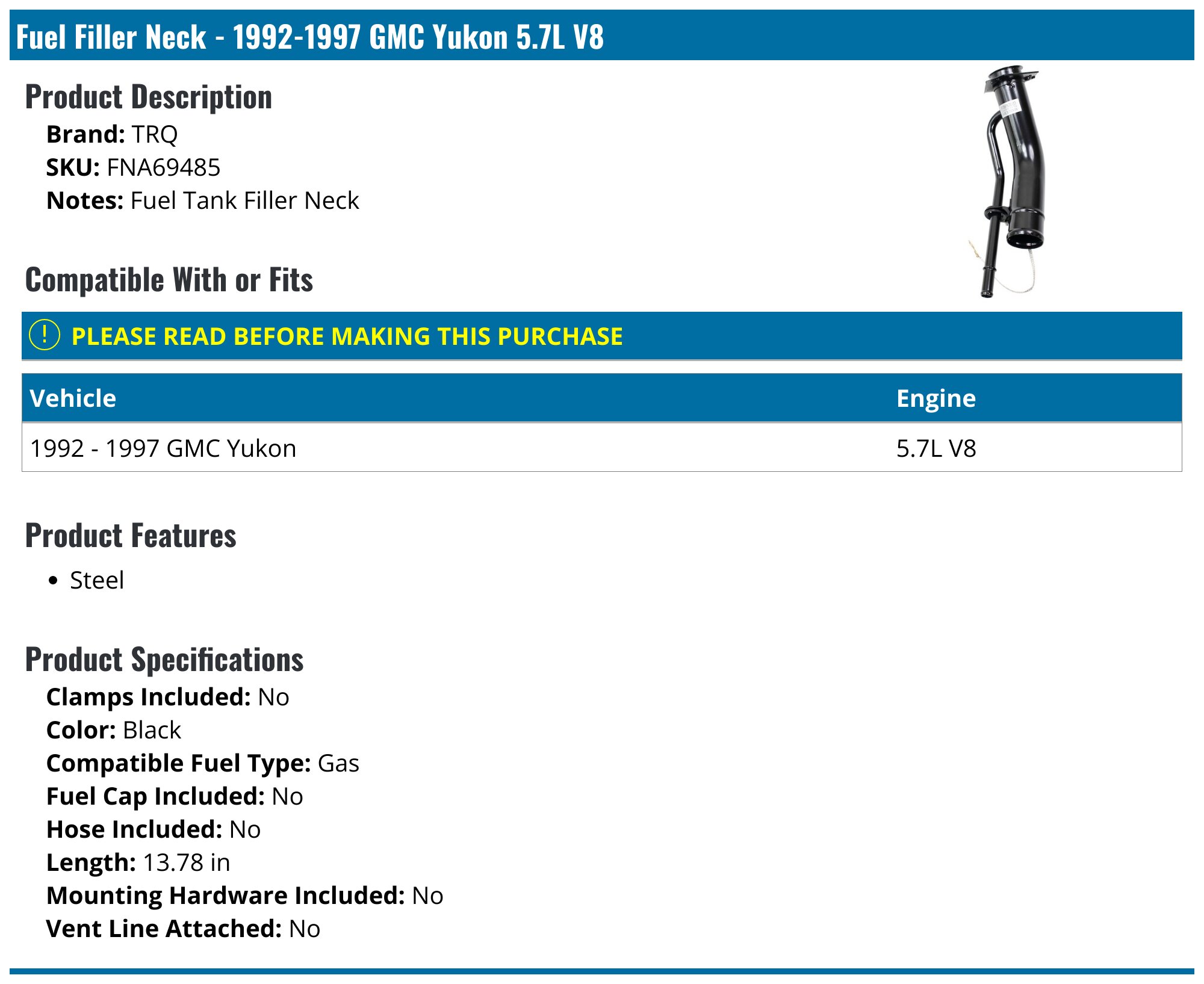 AM Autoparts Fuel Tank Filler Neck For 2004-2006 Chevy Tahoe / GMC Yukon / Cadillac Escalade – Direct Fit, 10-Year Warranty