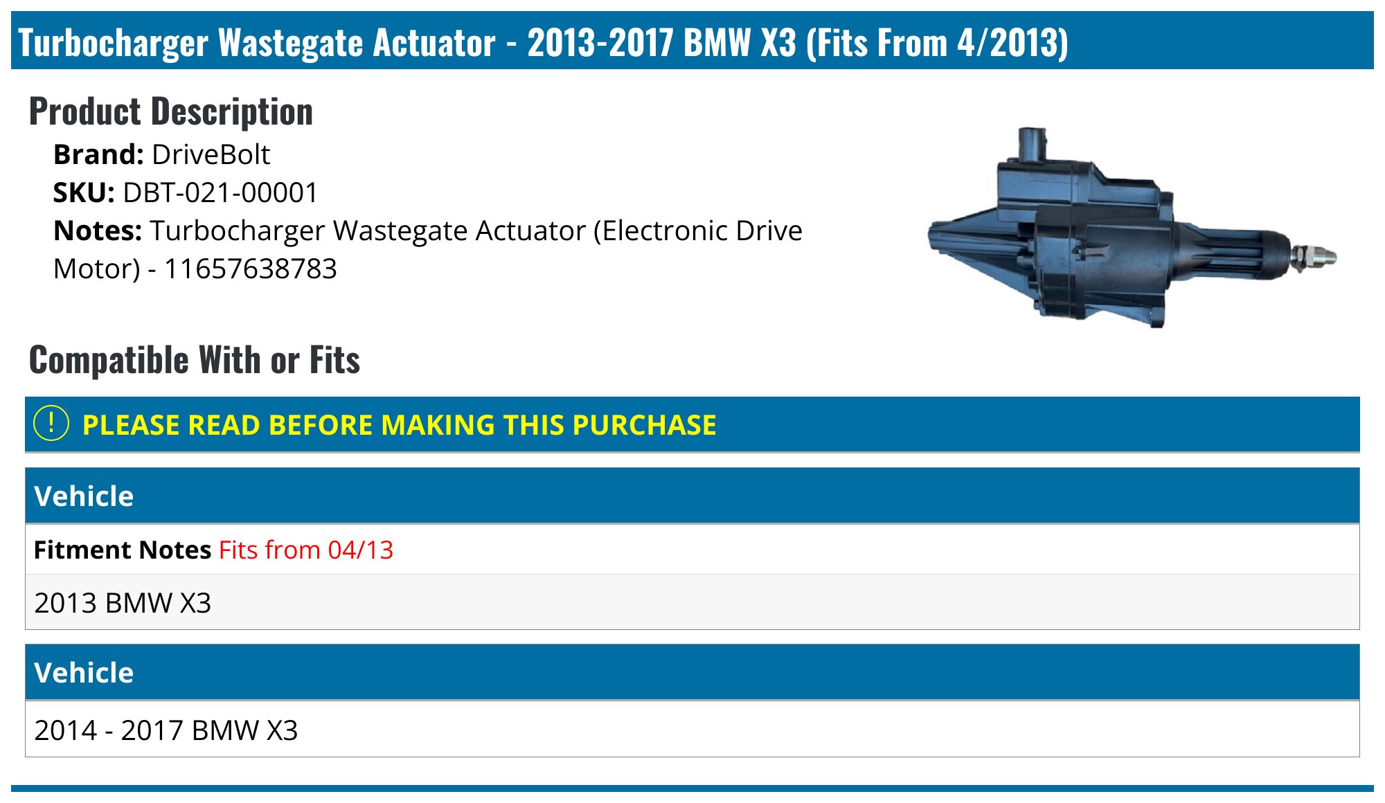 2013-2017 BMW X3 Turbocharger Wastegate - DriveBolt DBT-021-00001 ...