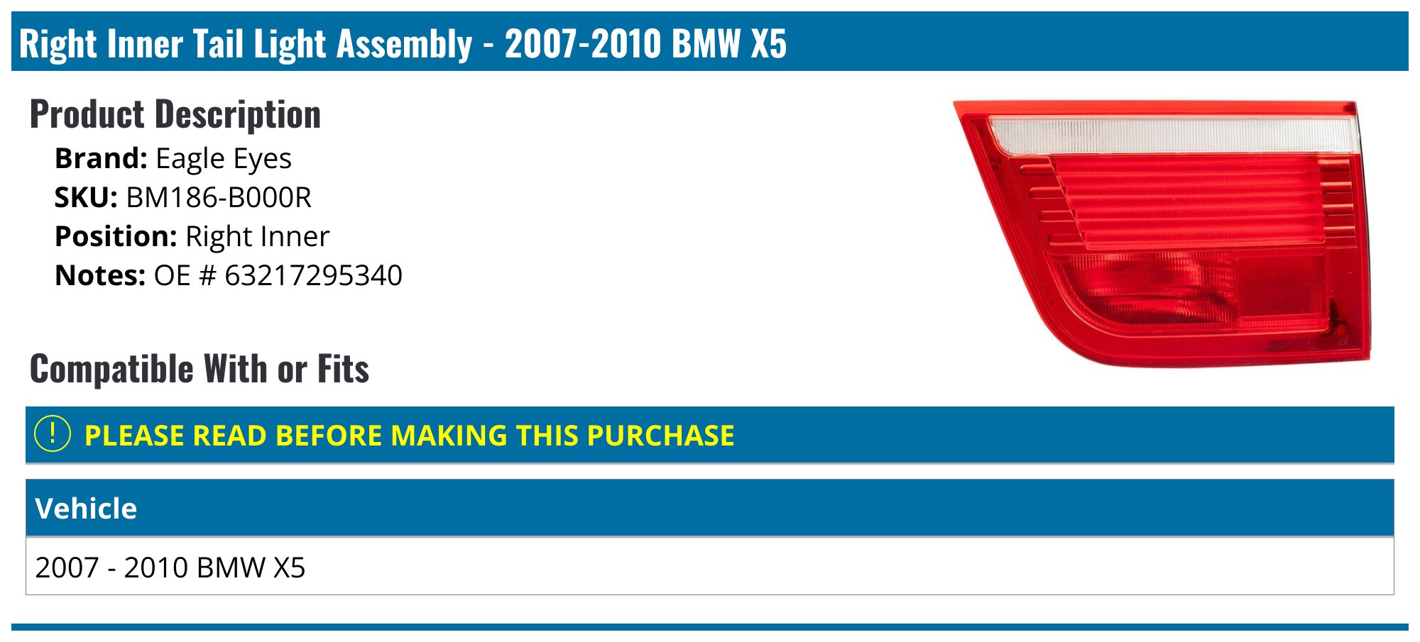 2007-2010 BMW X5 Tail Light Assembly - Eagle Eyes BM186-B000R - Rear ...