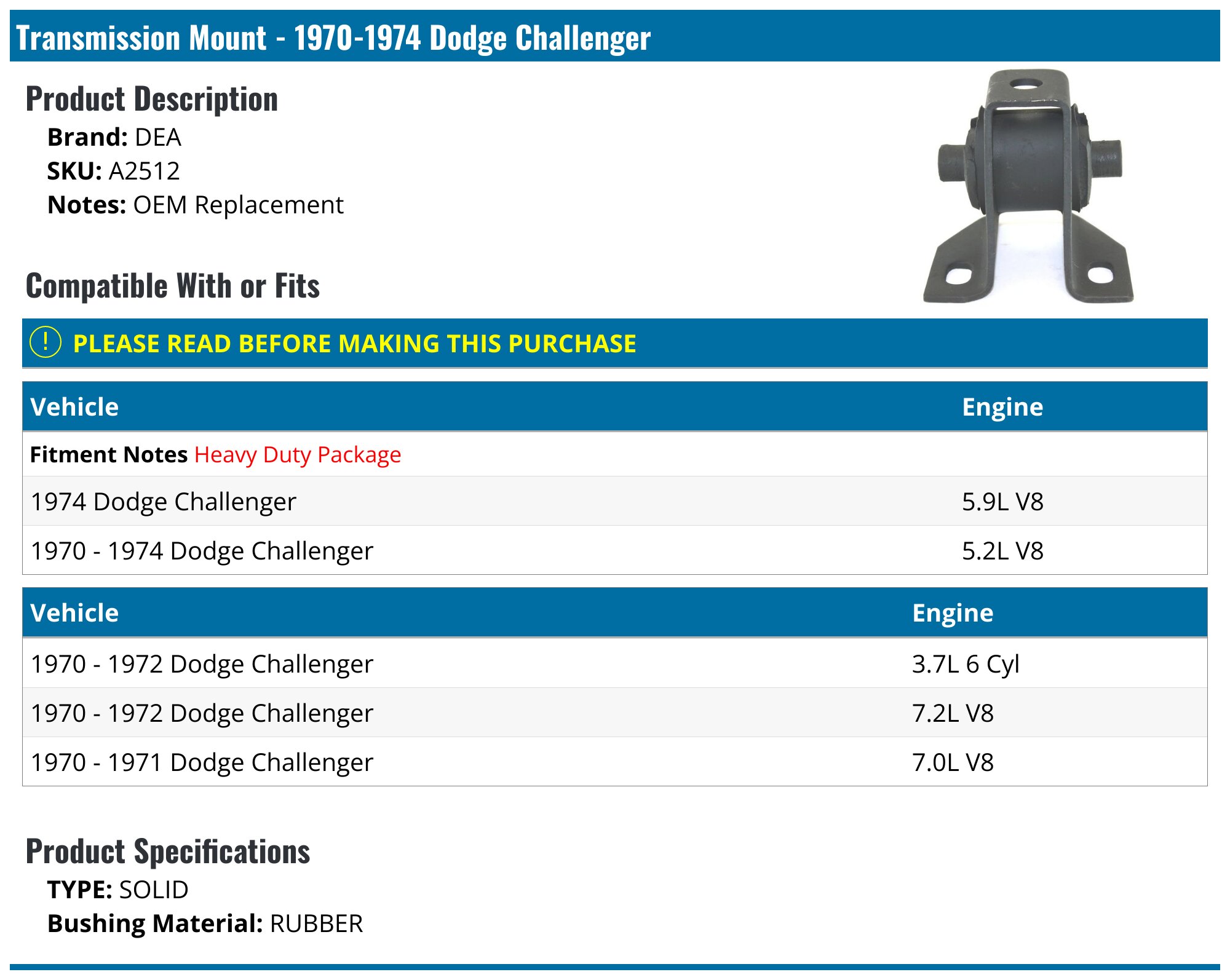 Genuine Mopar Manual Transmission Mount For Dodge Challenger